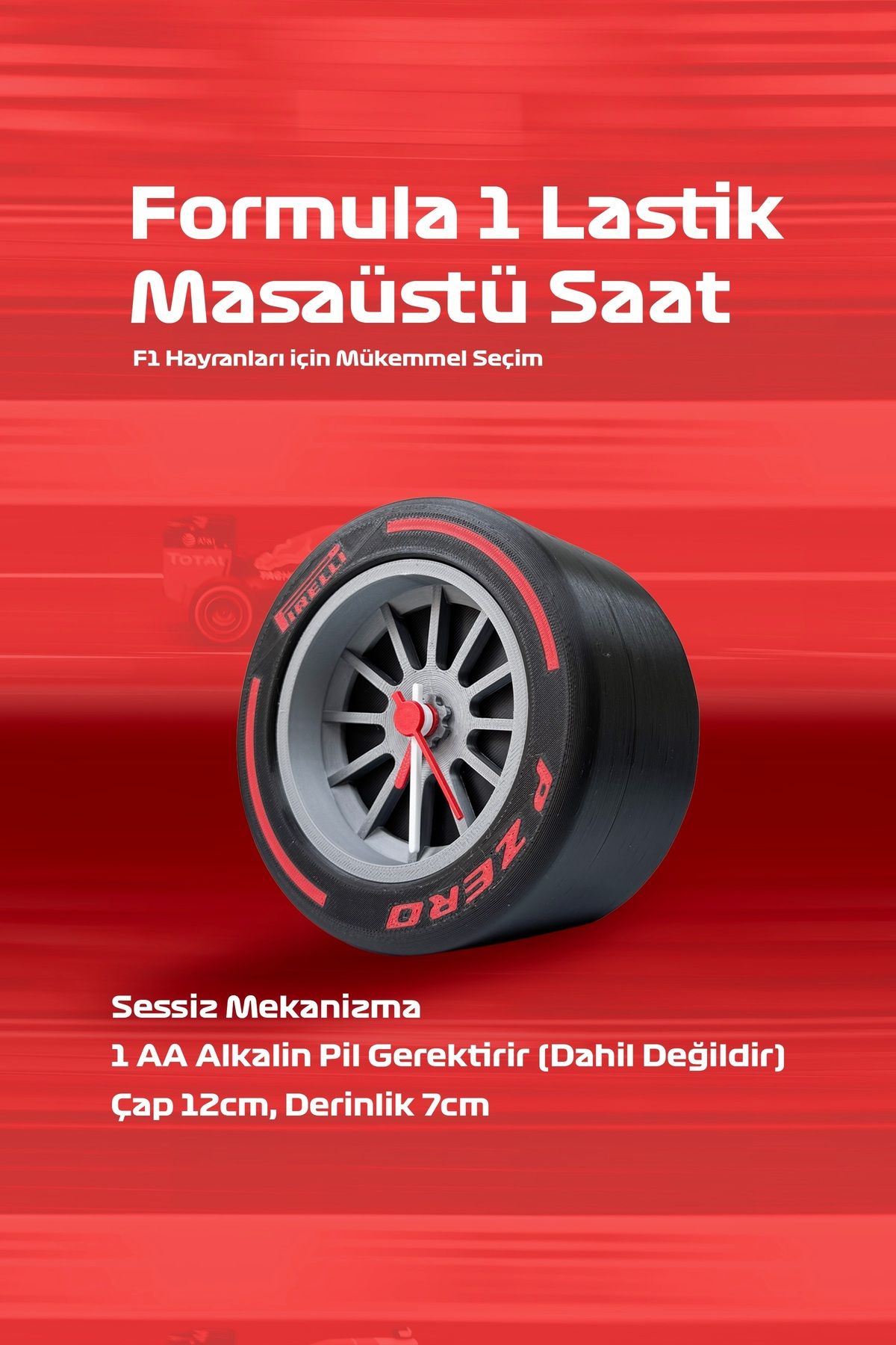 Hediyenn Formula 1 Lastik Tasarımlı Sessiz Masaüstü Saat | 3D Baskı Masaüstü Saat | 12x12 cm