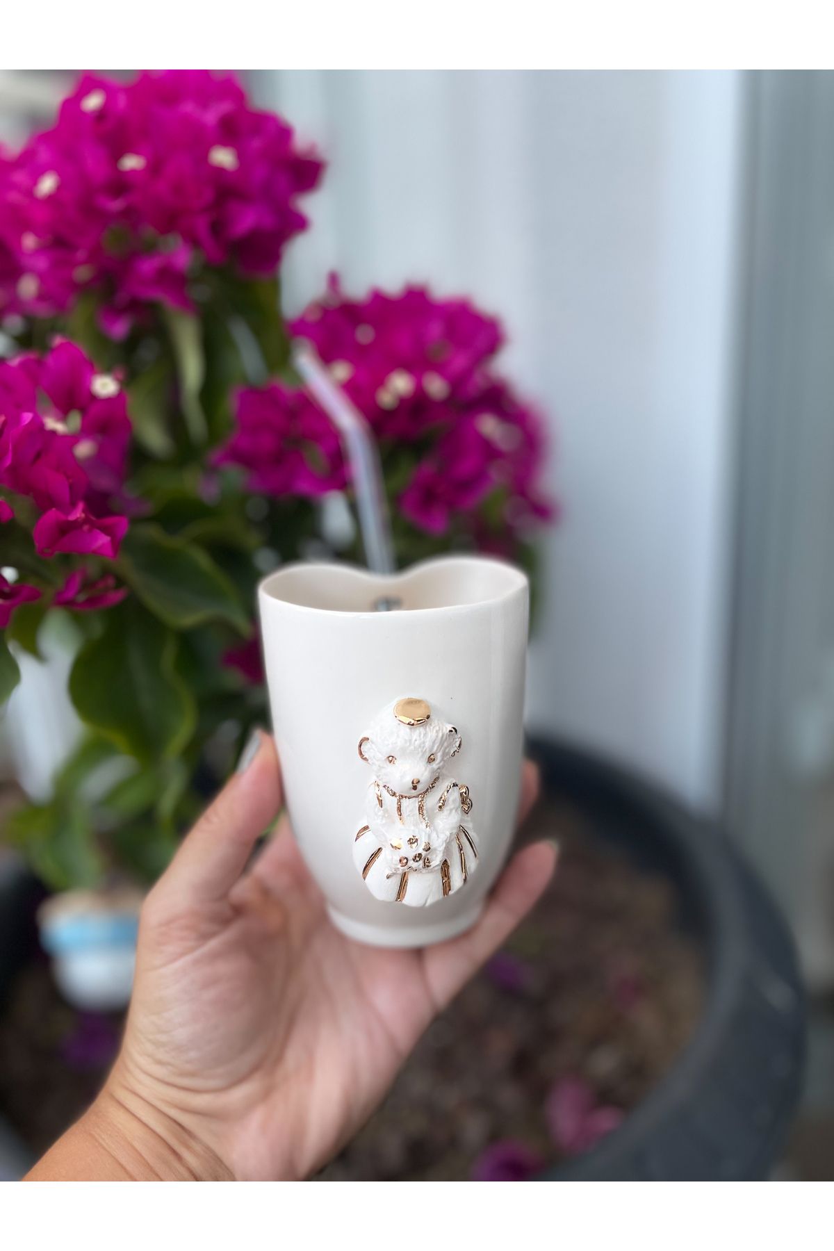Mugtasarım 24K Altın Yaldızlı El Yapımı Seramik Tedi Soğuk Kahve Fincanı 250 ml