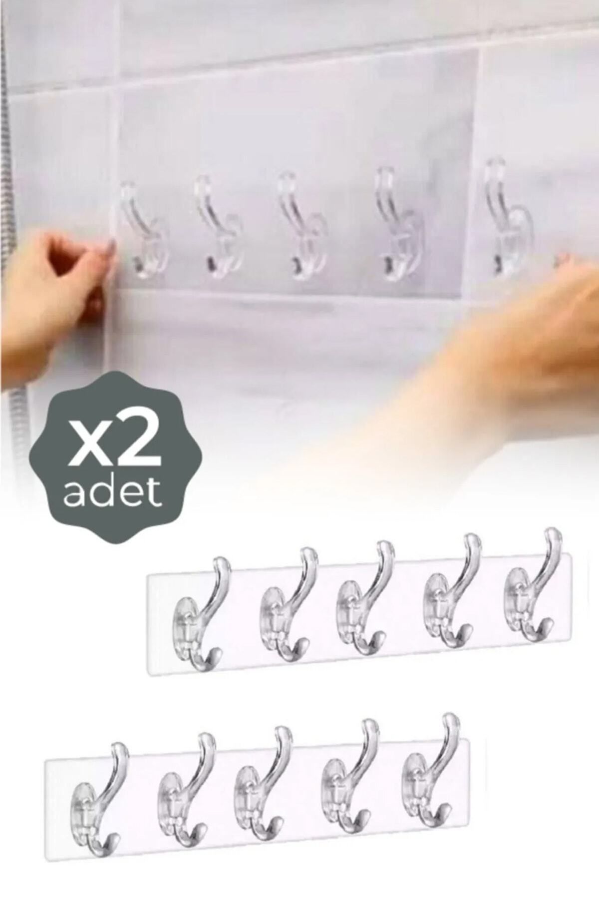 YCN 2 Adet Yapışkanlı Şeffaf Duvar Askısı Banyo Mutfak Düzenleyici 5'li Pratik Askılık