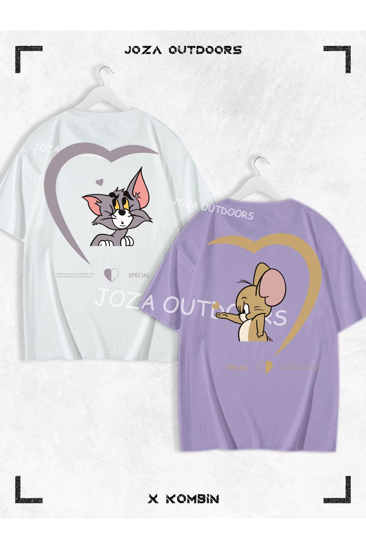 Joza Outdoors Kadın Erkek Kalp Tom ve Jerry SIRT Baskılı Sevgili Çift Kombini Oversize Renkli Tshirt 2'li Takım