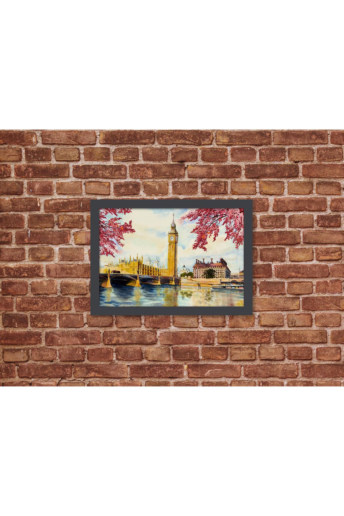 Letbil Reklam Ahşap Kendinden Çerçeveli Tablo - Big Ben Saat Kulesi, Nehir Teması, Standart - 20x28cm