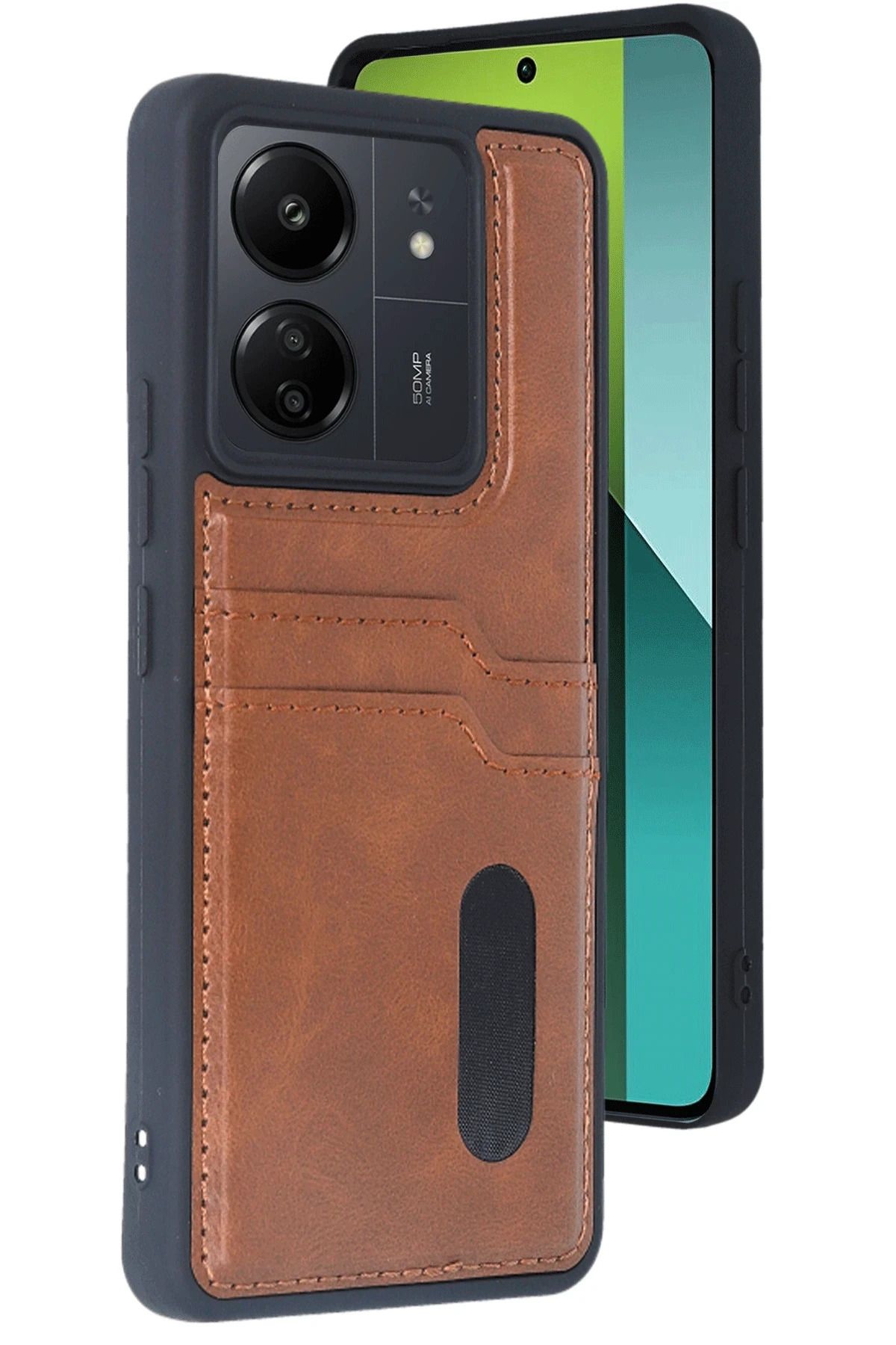 NewFace Xiaomi Redmi 13C Kılıf Sara Kartvizitli Deri Kılıf - Taba FERRG