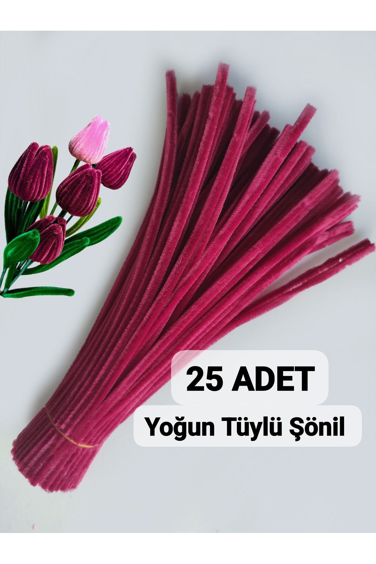 Butik 25'li Mercan Kırmızısı Renkli Şönil, Eğitici Şönil Seti, Yoğun Tüylü Tel, 30 Cm