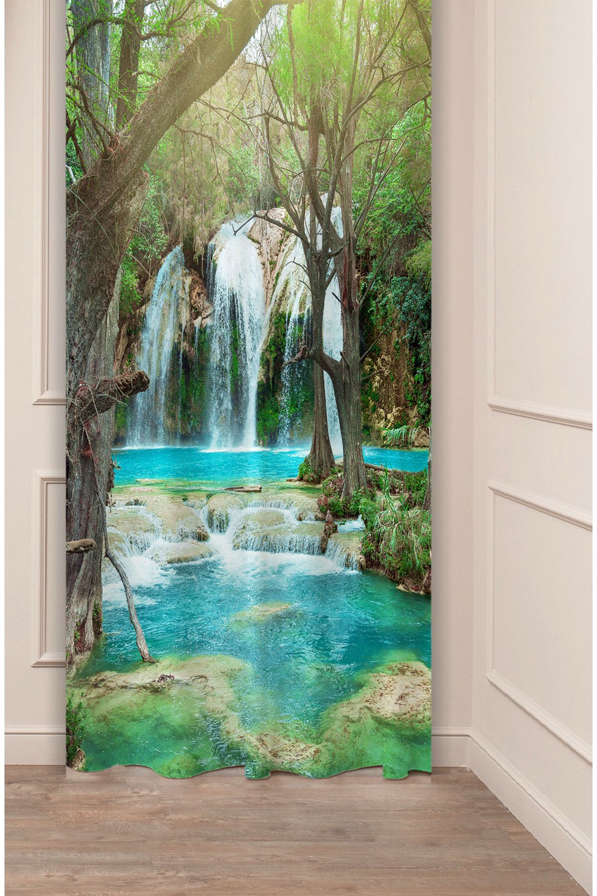 GREENDECOR Şelale Doğa Orman Turkuaz Su Dere Desenli Özel Tasarım Dijital Baskılı (Tek Kanat) Modern Fon Perde