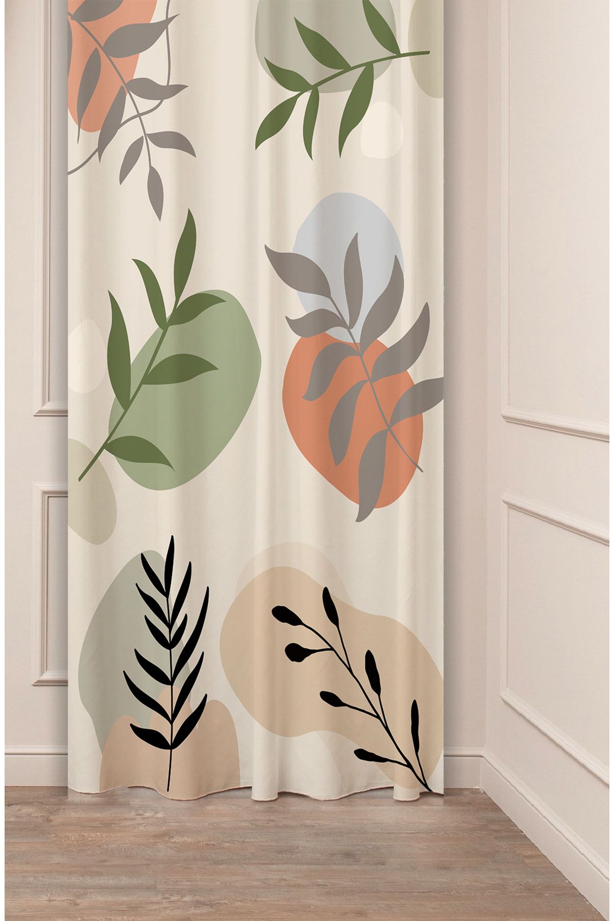 GREENDECOR Yaprak Bohem Minimalist Bej Krem Desenli Özel Tasarım Dijital Baskılı (Tek Kanat) Modern Fon Perde