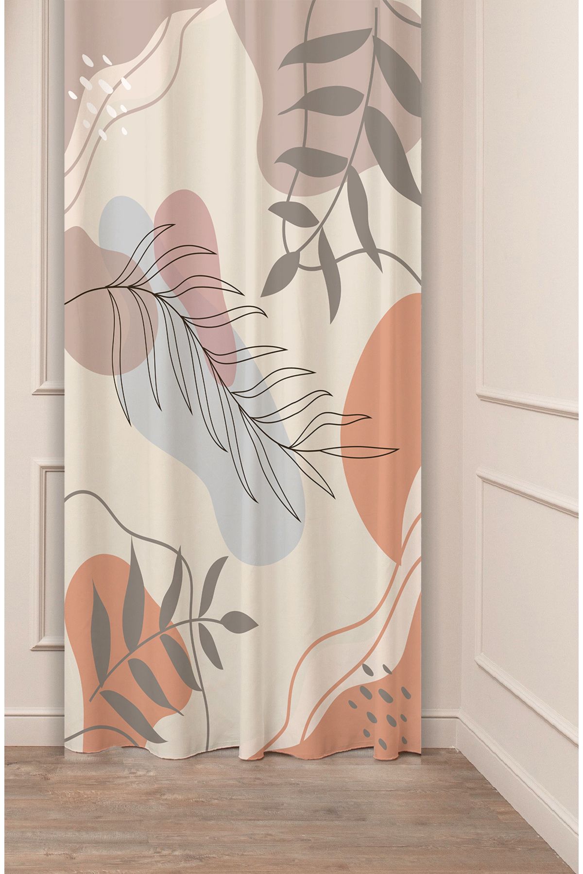 GREENDECOR Yaprak Bohem Minimalist Bej Krem Desenli Özel Tasarım Dijital Baskılı (Tek Kanat) Modern Fon Perde