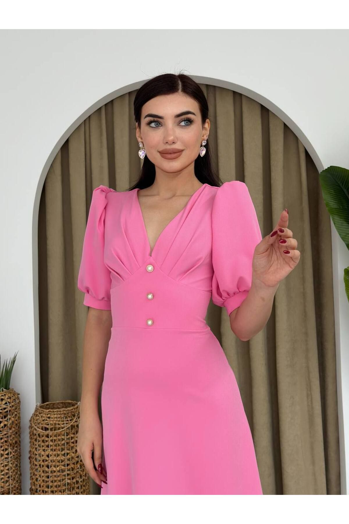 ETİKAFASHION Karpuz Kol Düğmeli V Yaka Midi Elbise