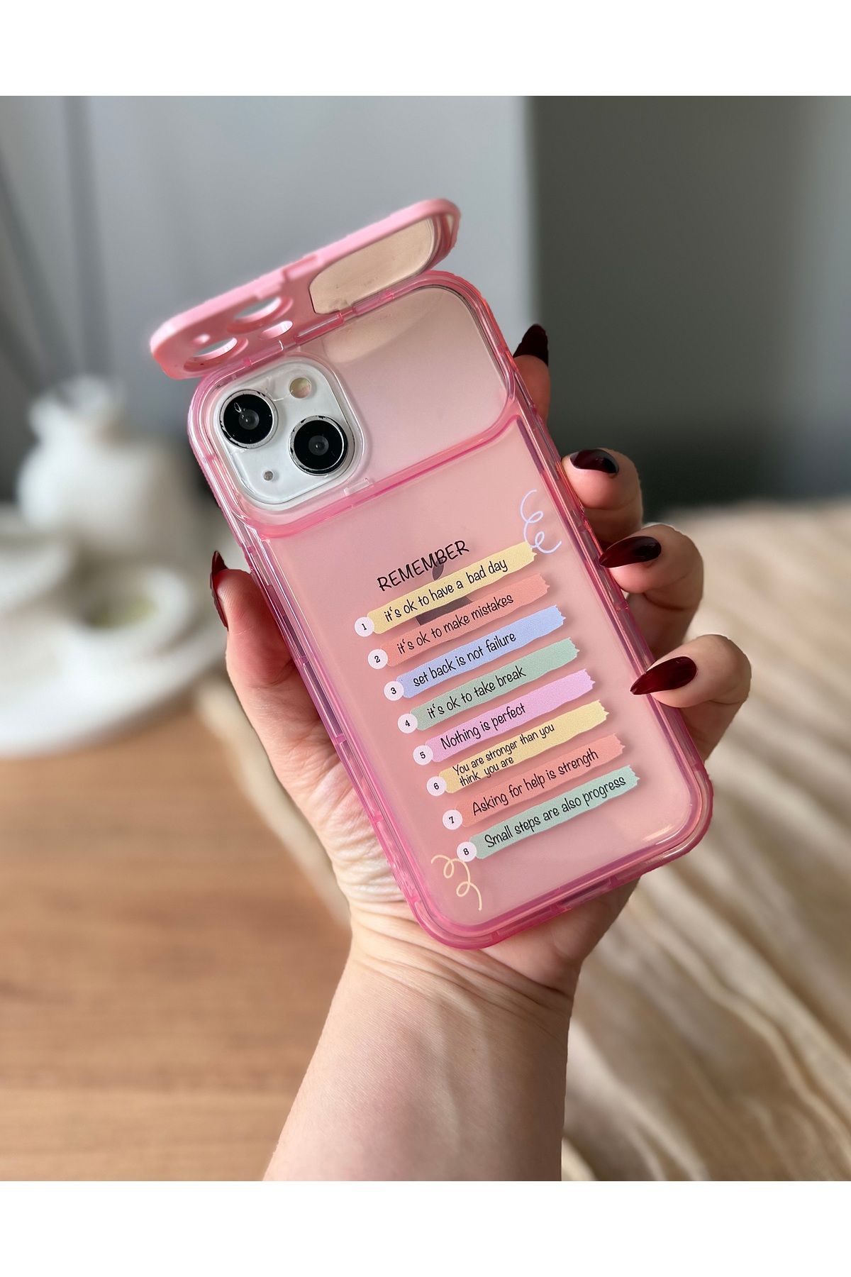 MirazTasarim IPHONE 13 KAMERA AYNALI KAPAKLI PEMBE DESENLİ KILIF
