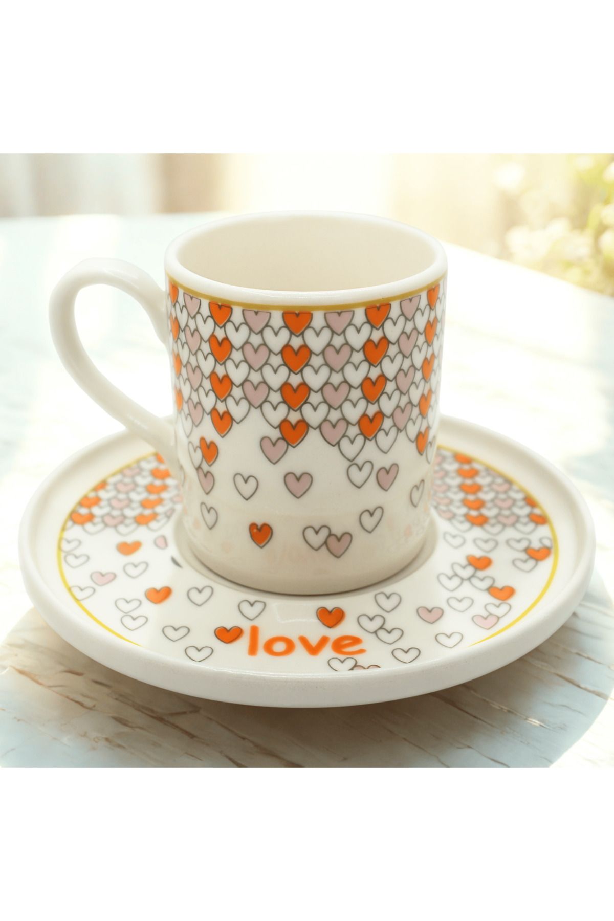 EVİMİA Love Kalp Desenli 6 Kişilik Porselen Kahve Fincan Takımı