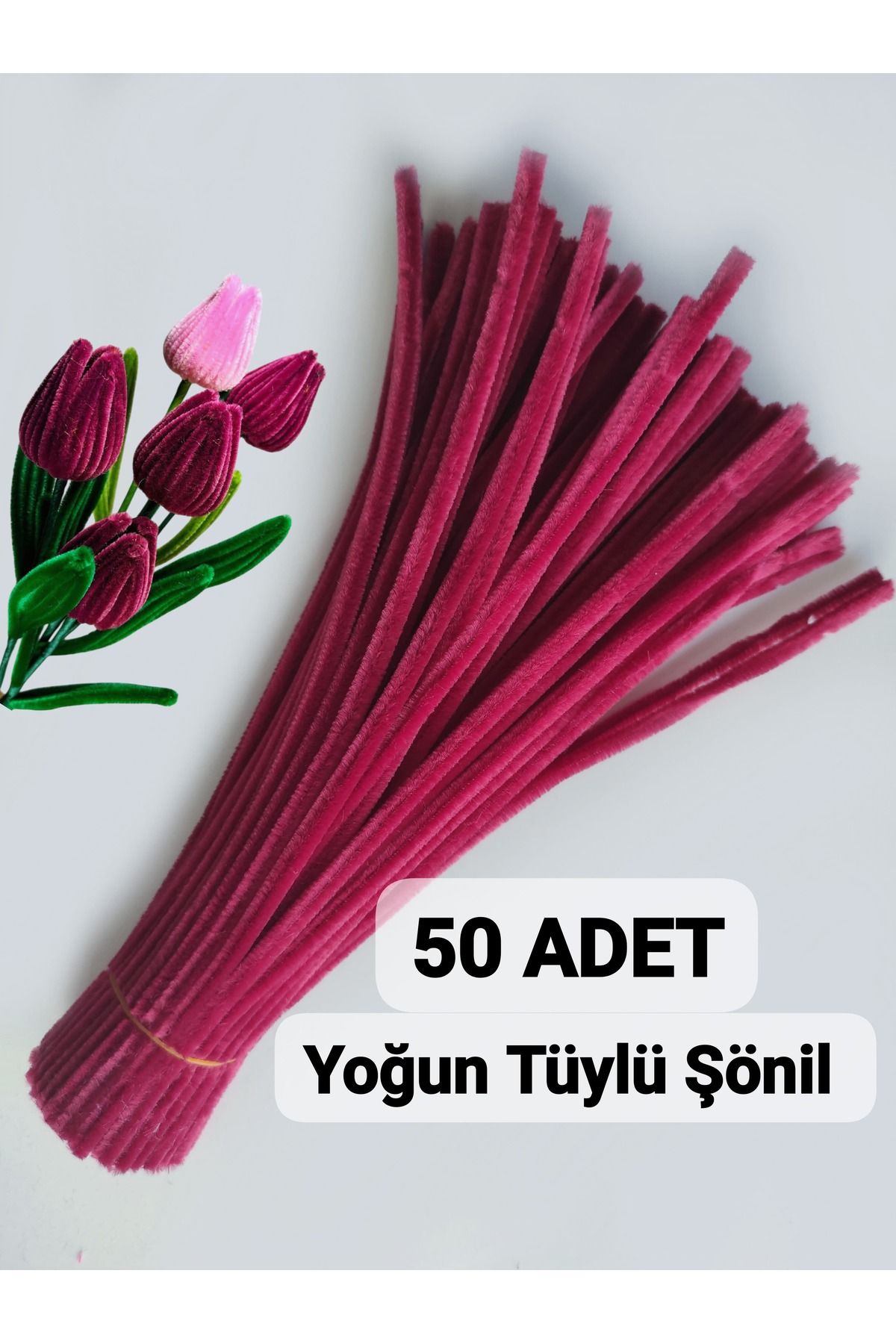 Butik 50'li Mercan Kırmızısı Renkli Şönil, Eğitici Şönil Seti, Yoğun Tüylü Tel, 30 Cm