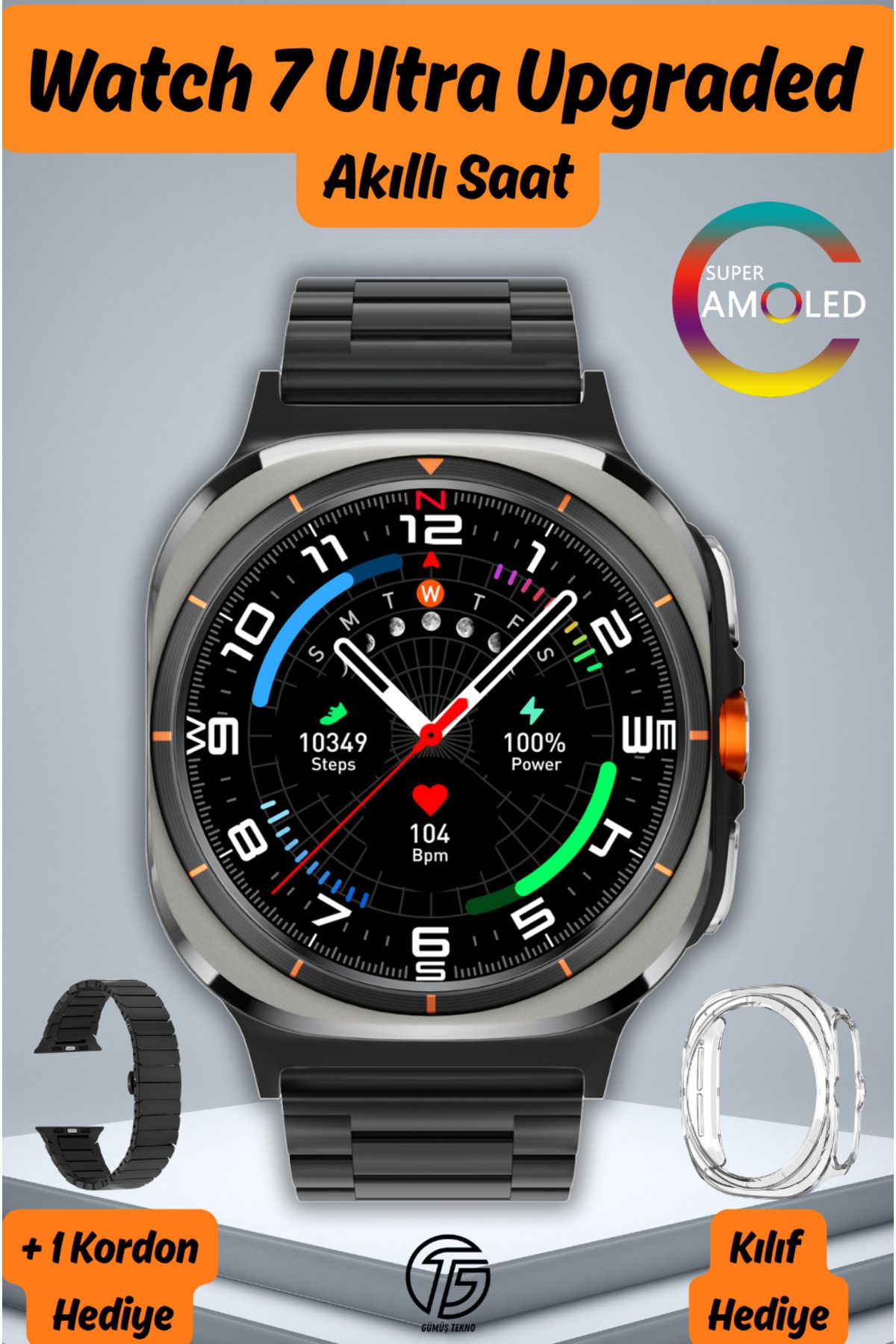 GÜMÜŞTEKNO Watch 7 Ultra Akıllı Saat AMOLED Ekran Bluetooth Arama Bildirimler 2 Kordon Kılıflı Erkek Kol Saati