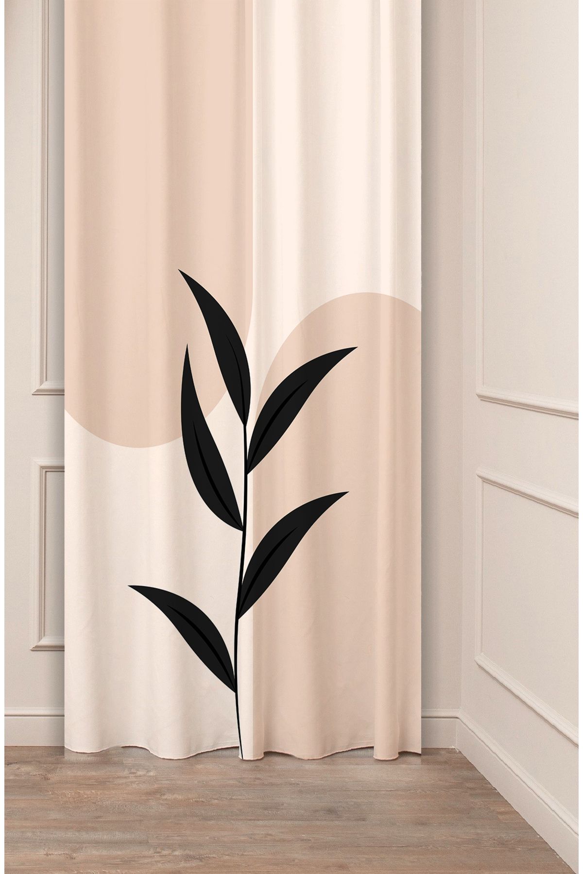 GREENDECOR Yaprak Bohem Minimalist Bej Krem Desenli Özel Tasarım Dijital Baskılı (Tek Kanat) Modern Fon Perde
