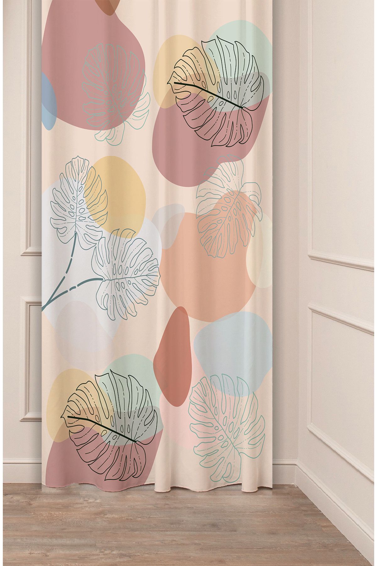 GREENDECOR Yaprak Bohem Minimalist Bej Krem Desenli Özel Tasarım Dijital Baskılı (Tek Kanat) Modern Fon Perde