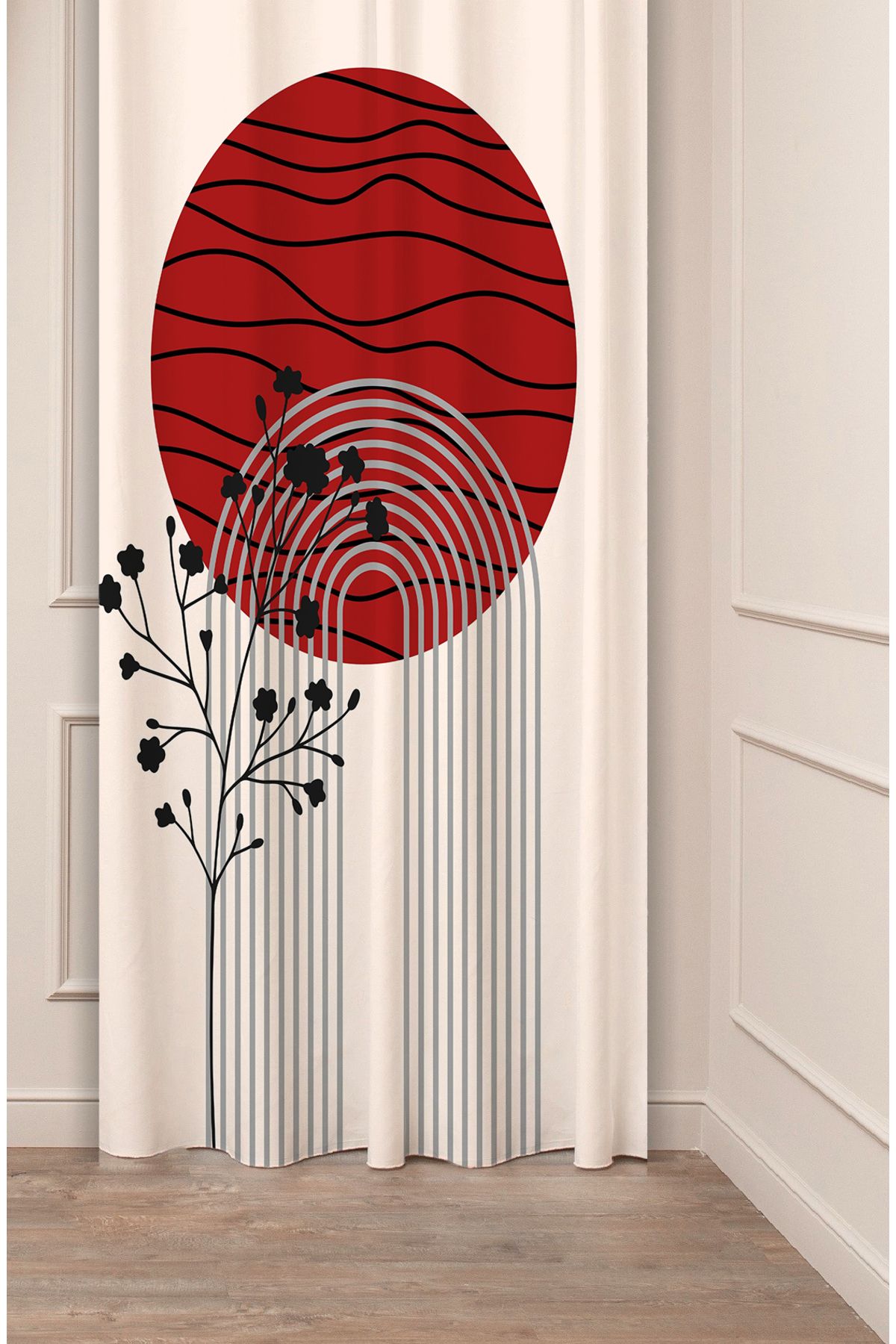 GREENDECOR Yaprak Bohem Minimalist Bej Krem Desenli Özel Tasarım Dijital Baskılı (Tek Kanat) Modern Fon Perde