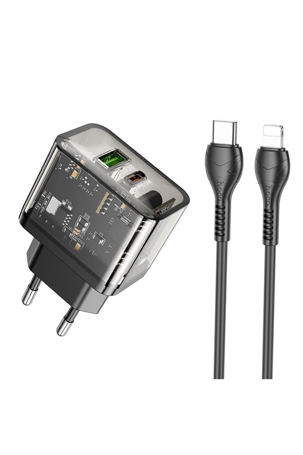 Uyguna Kapında HOCO N34 PD20W USB+Type-C + iPhone Lightning Kablo Hızlı Şarj Adaptör Seti-(5775 - SVU9982-4702