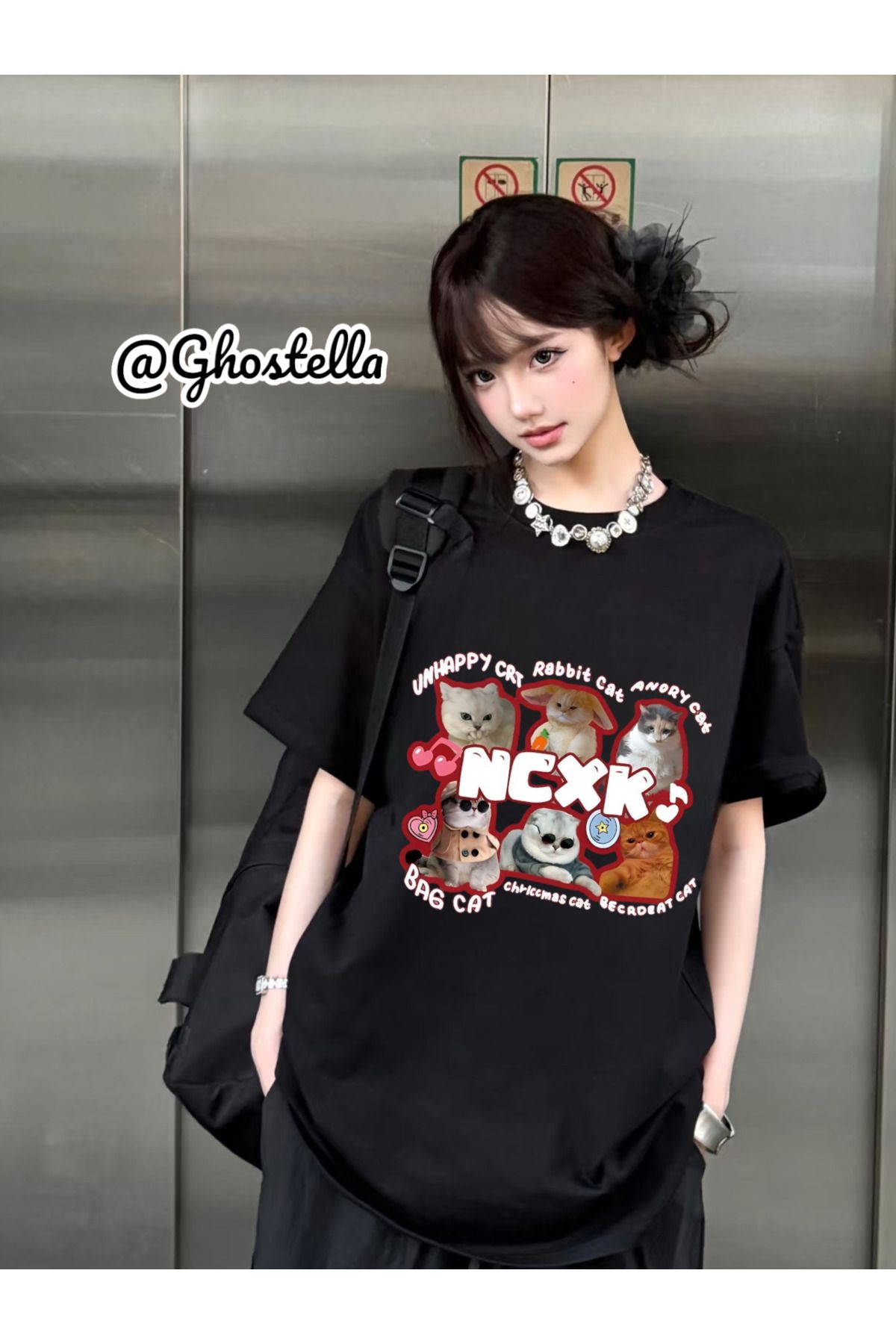 Minga London Siyah Cat Friend Baskılı Oversize Unisex Tshirt - Ghostella