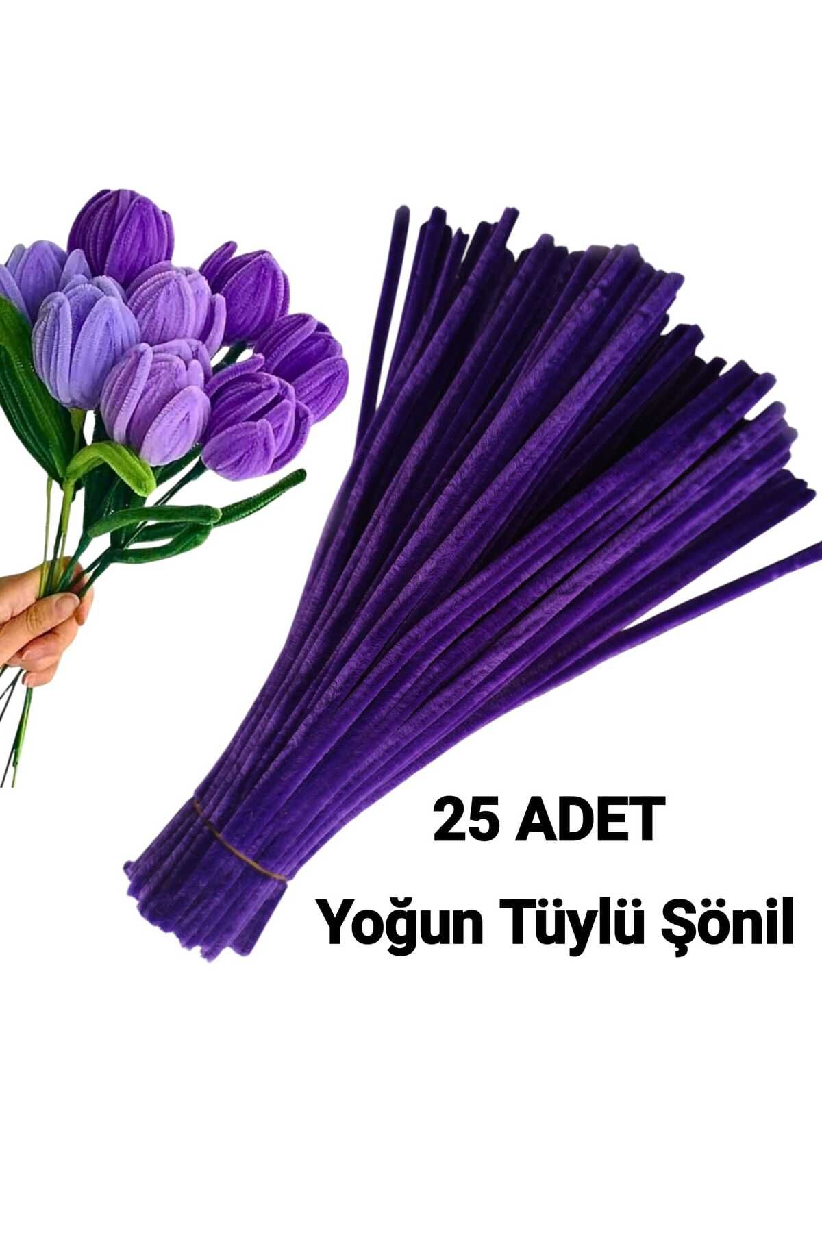 Butik 25'li Derin Mor Renkli Şönil, Eğitici Şönil Seti, Yoğun Tüylü Tel, 30 Cm