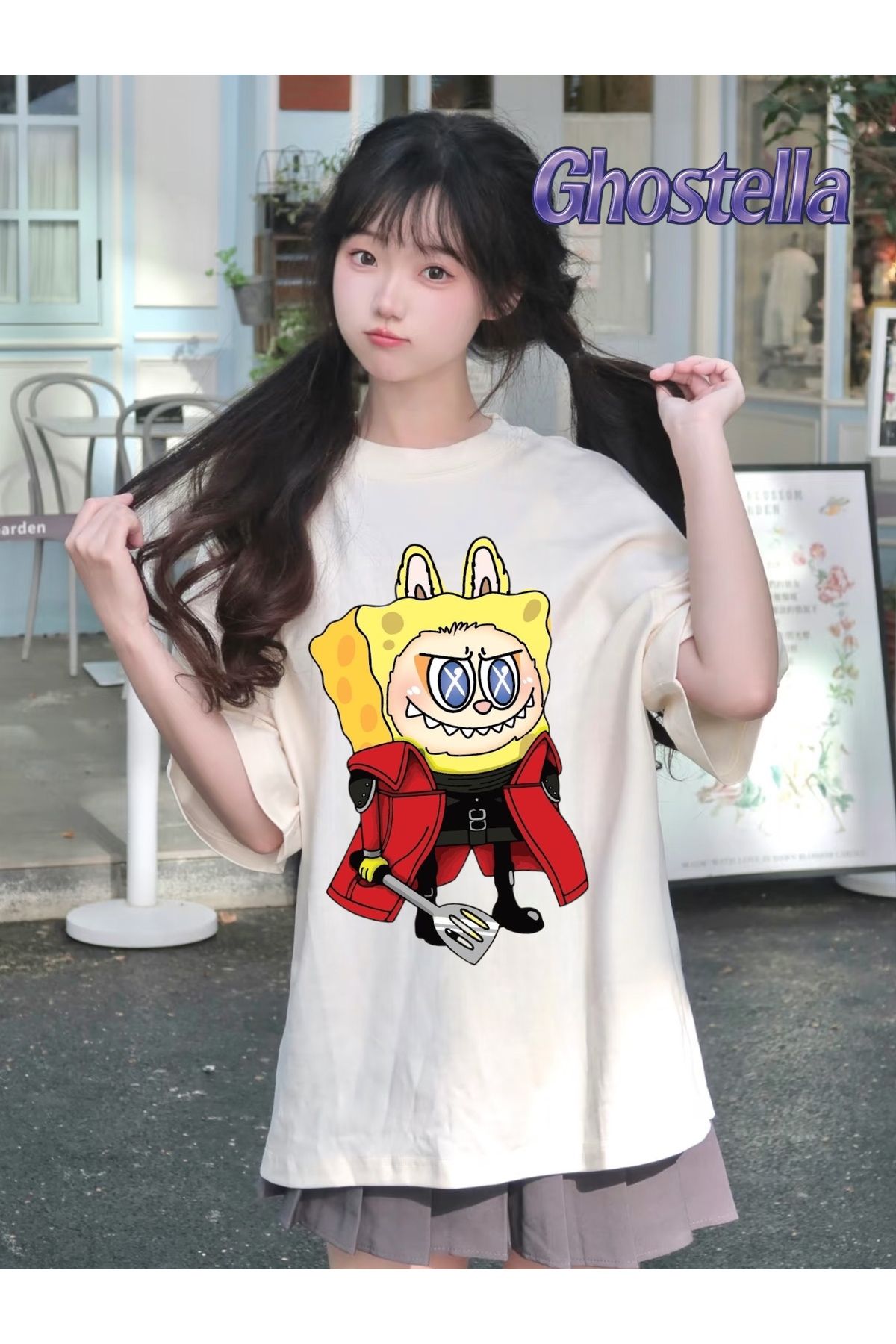Minga London Bej Labubu Yellow Costume Baskılı Oversize Unisex Tshirt - Ghostella