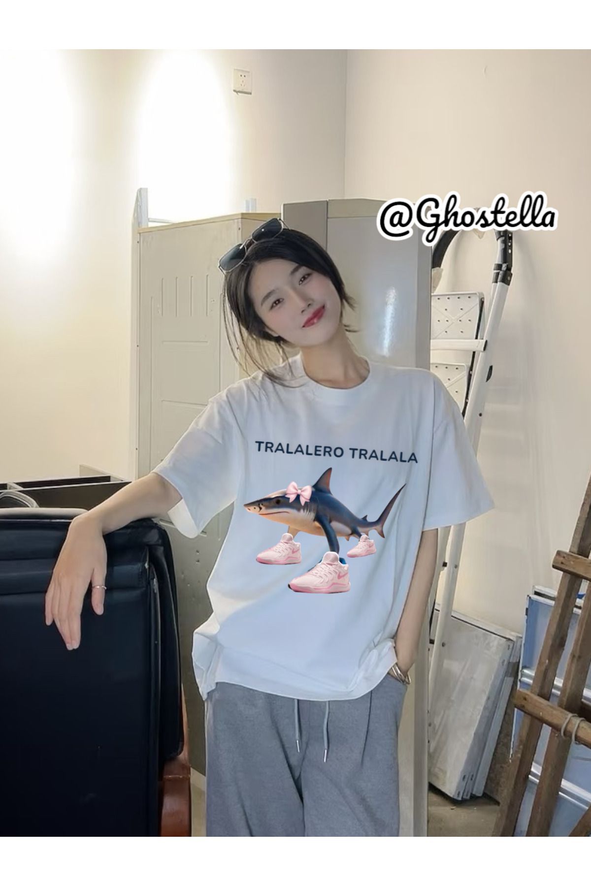 Minga London Beyaz Tralalero Tralala Baskılı Oversize Unisex Tshirt - Ghostella