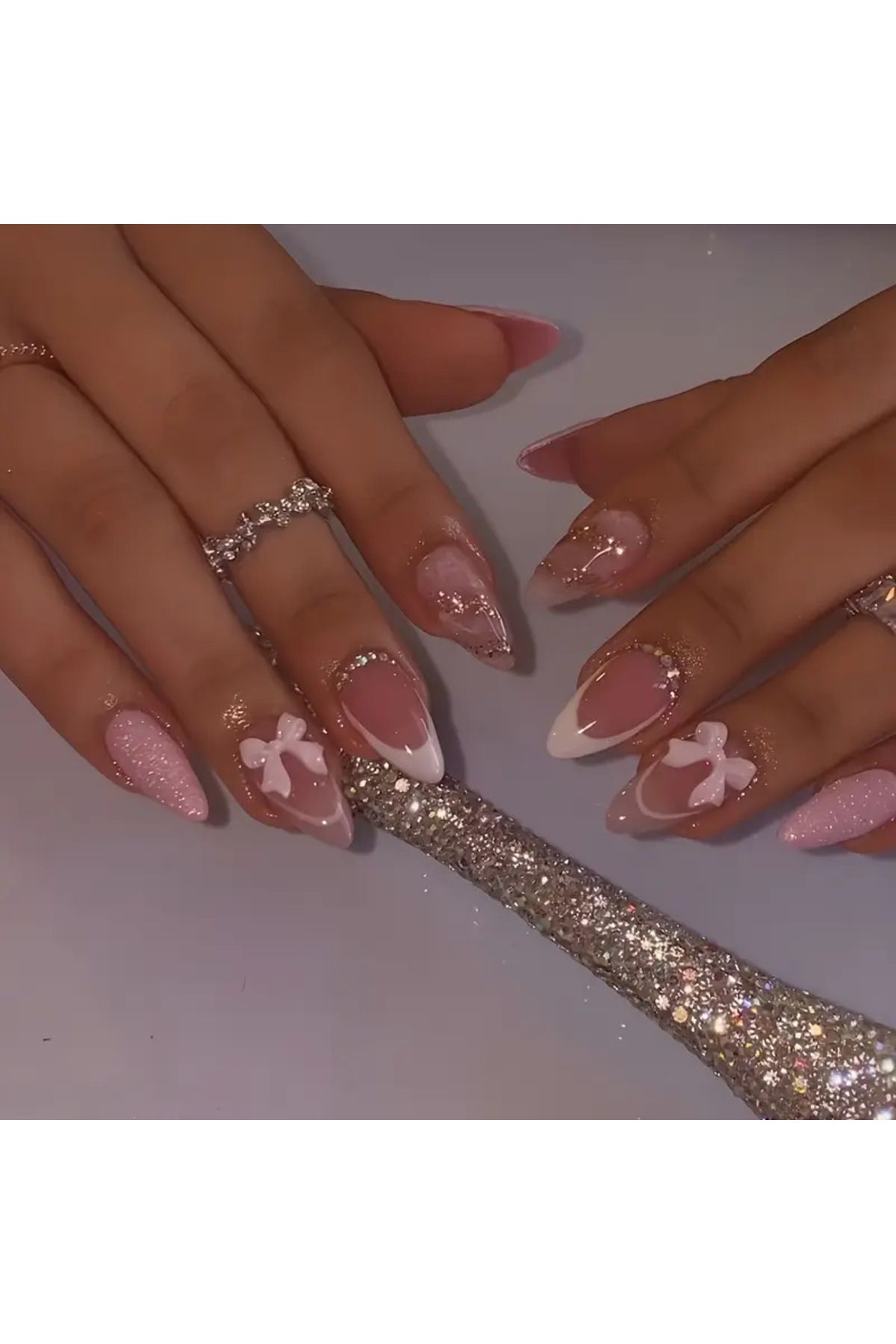 NAİL ART 24 Adet Pembe Simli Fiyonklu Takma Tırnak Seti