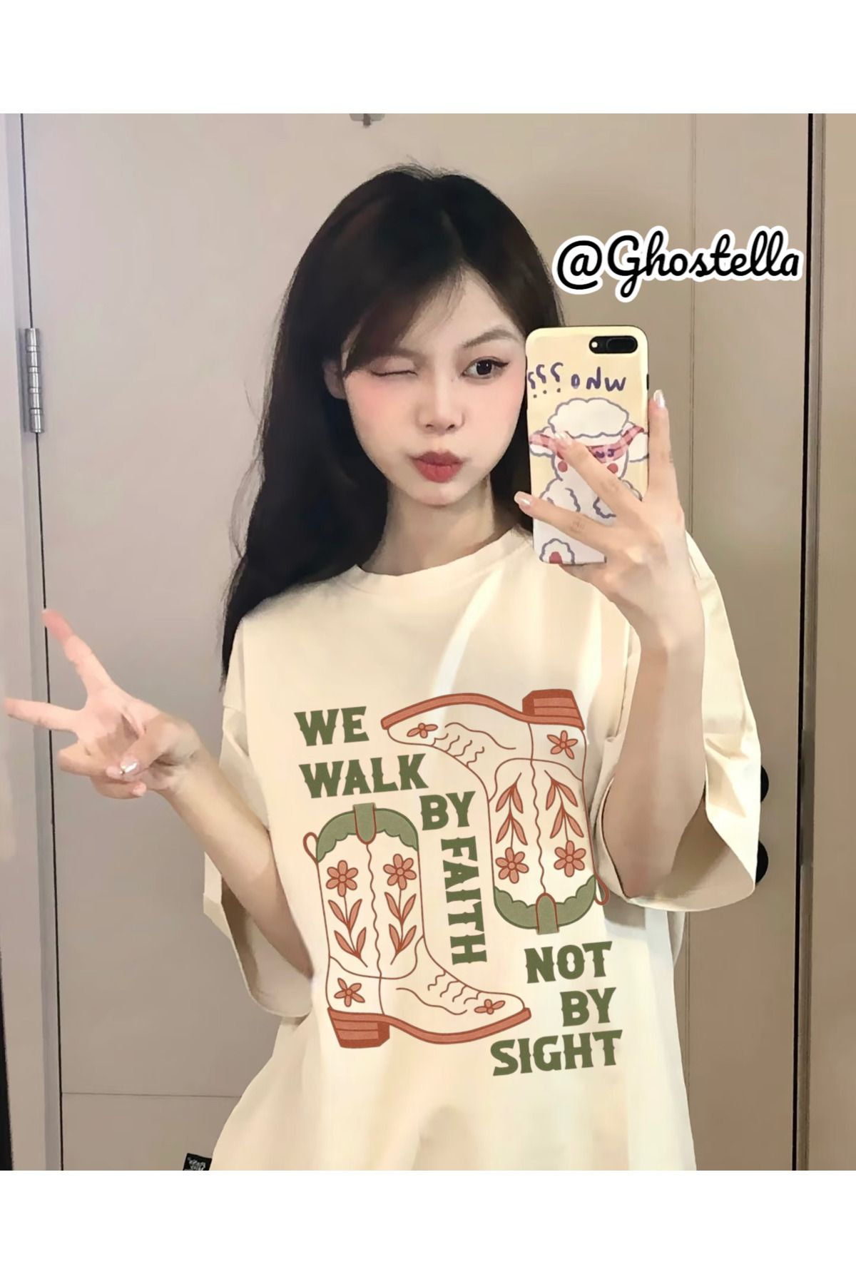 Minga London Bej Cowboy Walk Baskılı Oversize Unisex Tshirt - Ghostella
