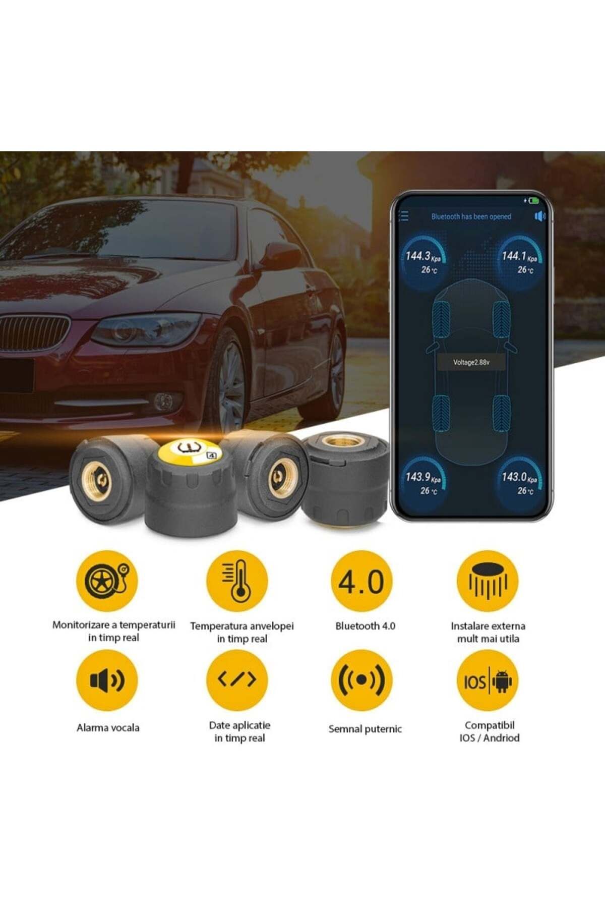 TECHSTAR-Tire Pressure Monitoring System, BLE TPMS Bluetooth 4.0 for iOS / Android, external sensors 5