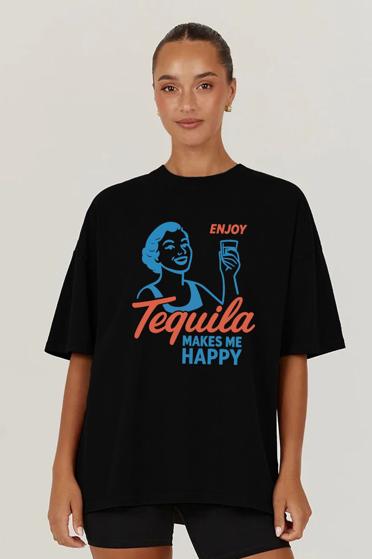 MODA Tekila Tequila Makes Me Happy Baskılı Oversize Kalıp Siyah Geniş Bol Kesim Kadın Tişört