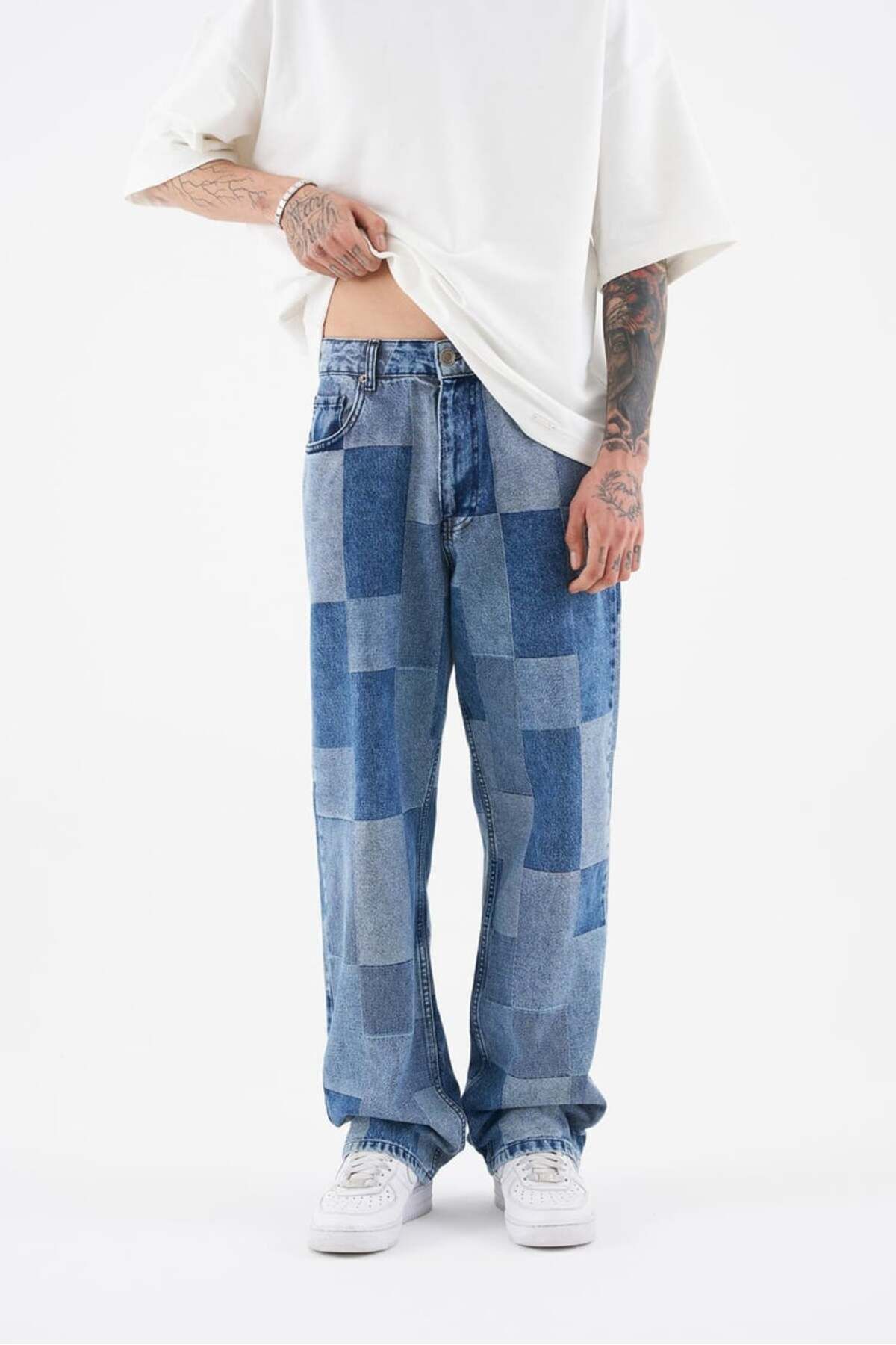 RODEZ Açık Mavi Parçalı Desenli Baggy Jean Pantolon