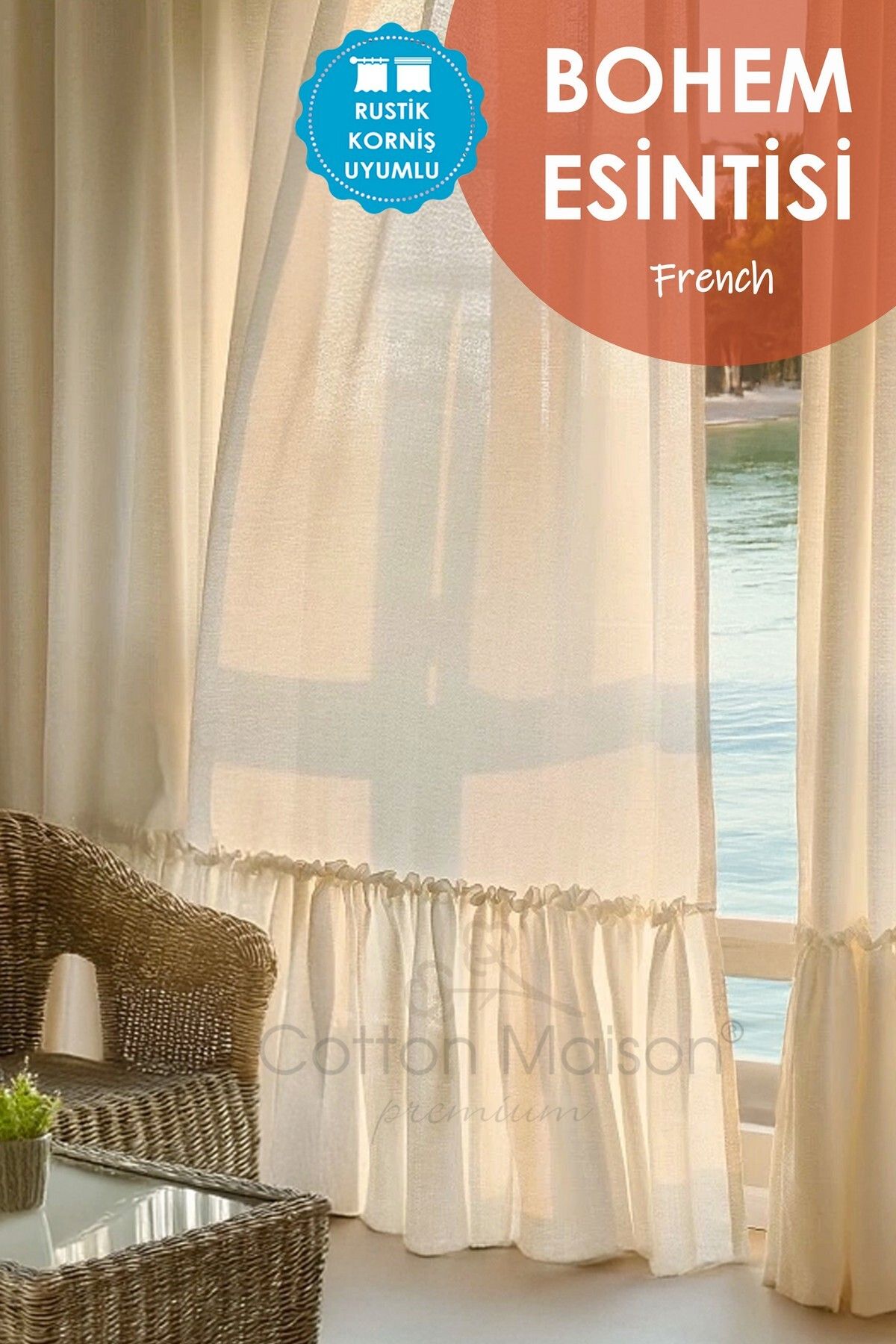 cotton maison Naturel Bohem French Stil Fırfırlı Perde - Tek Kanat, rustik ve Korniş Uyumlu