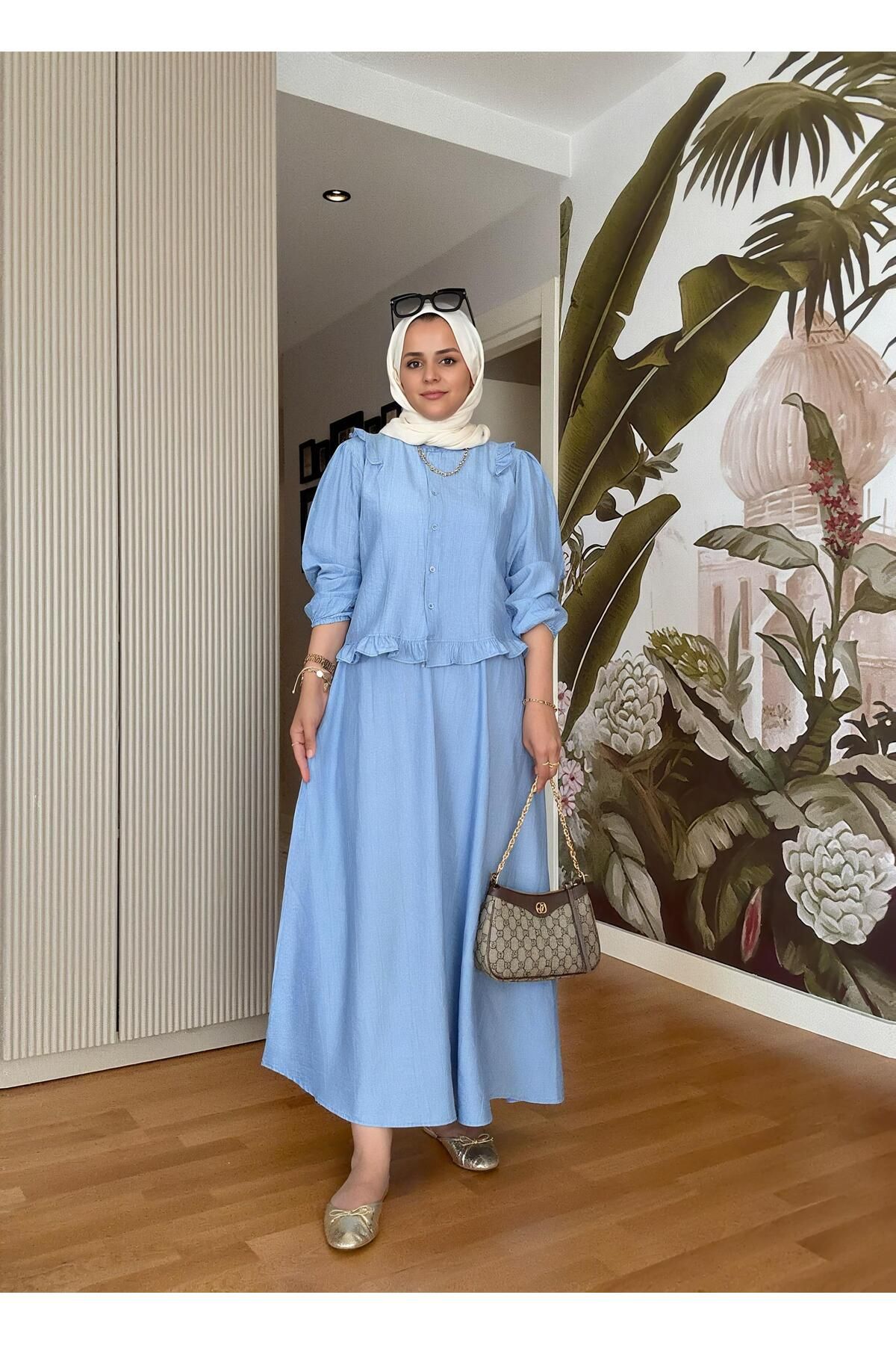 Aselim Hijap Moda Çilek Kumaş Pamuklu Fırfırlı Gömlek Etekli Takım – Mavi