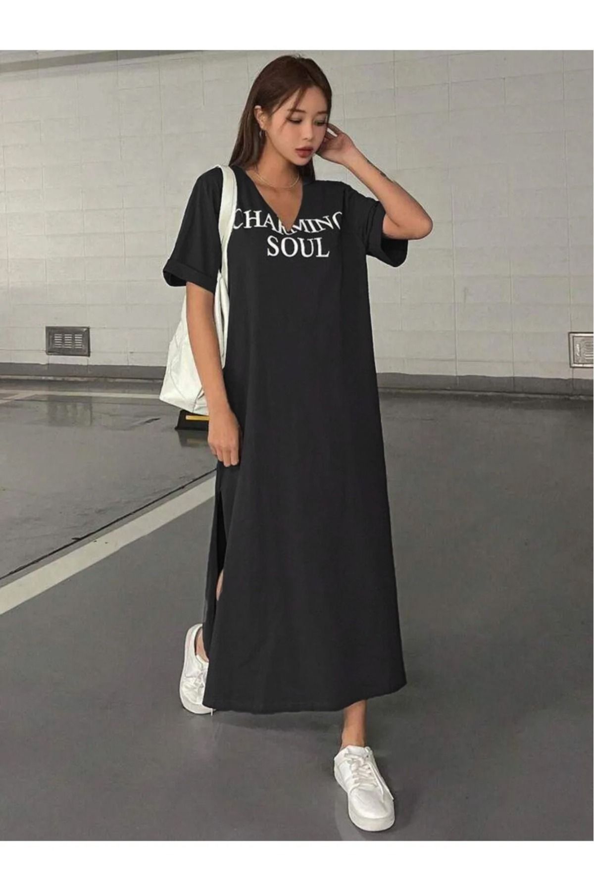 NoVibe Kadın Büyük Beden Charming Soul Baskılı V Yaka T-shirt Elbise/tunik