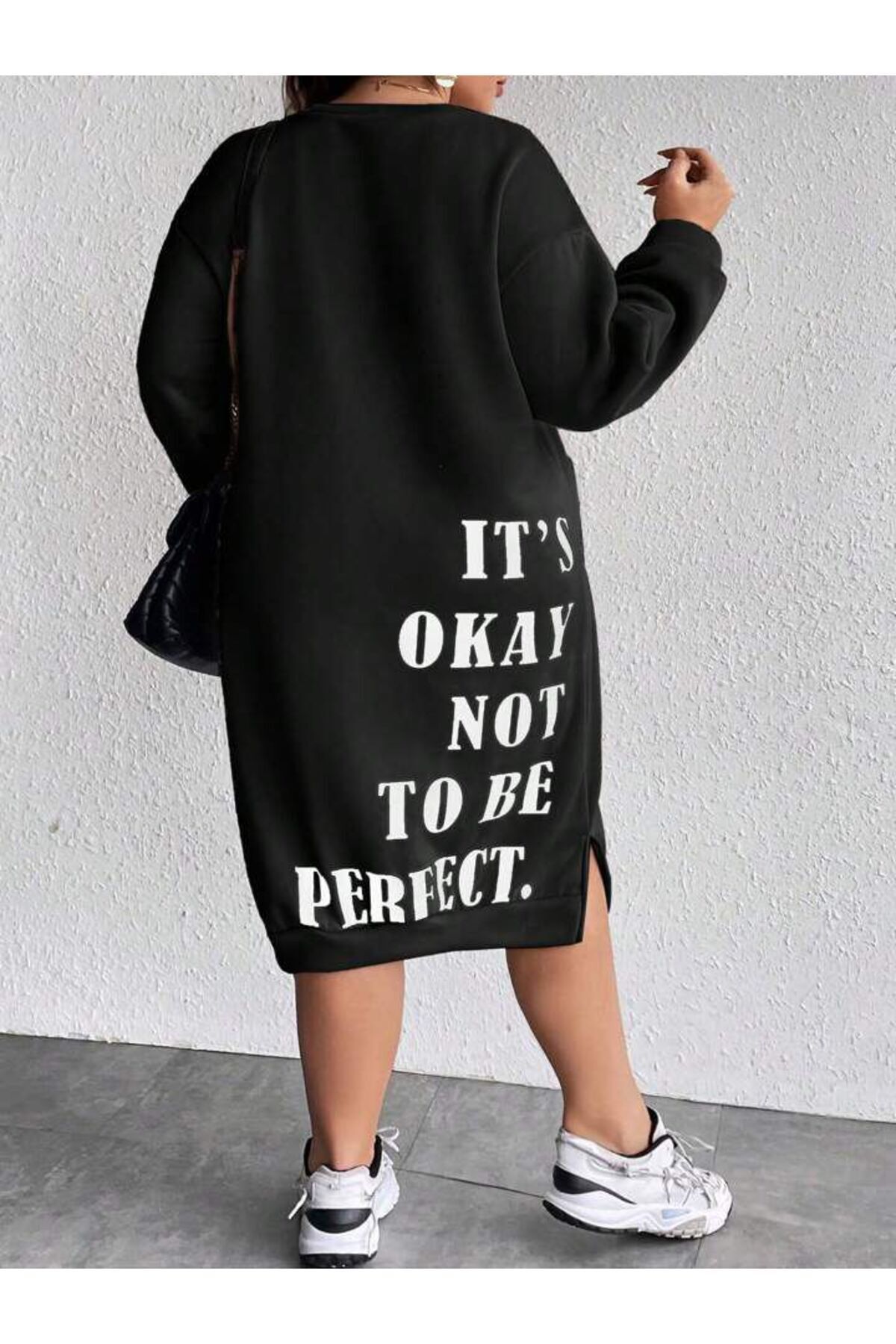 NoVibe Kadın Its Okay Baskılı Sweatshirt Elbise / Tunik