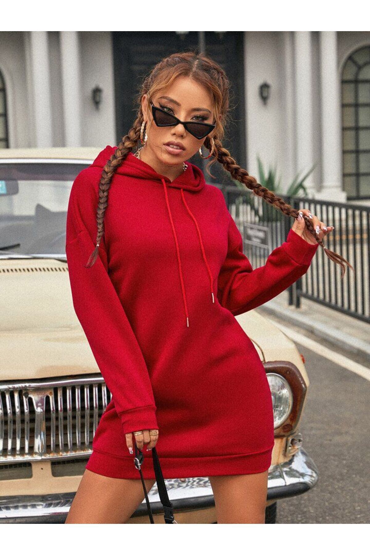 NoVibe Kadın Büyük Beden Düz Renk Sweatshirt Elbise / Tunik