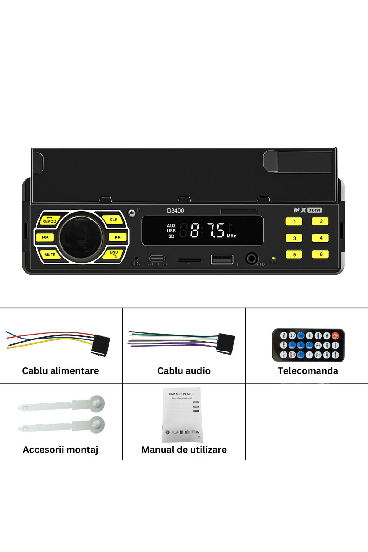 MaxTech-Radio mp3 Player, Car cassette player with phone holder, Remote control, Bluetooth 5.0, USB, CardSD, Aux 2