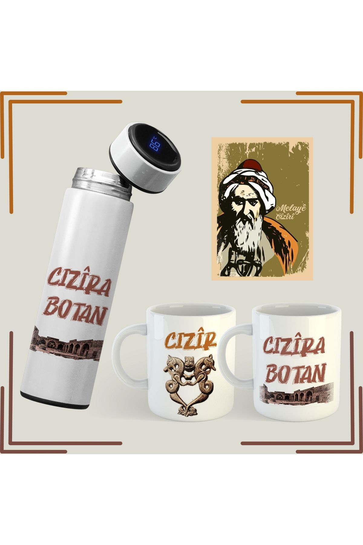 ZERYA Cizre Resimli Kupa ve Termos Seti - Cizira Botan Termosu Kupası (1 TERMOS 2 KUPA 1 DEFTER)