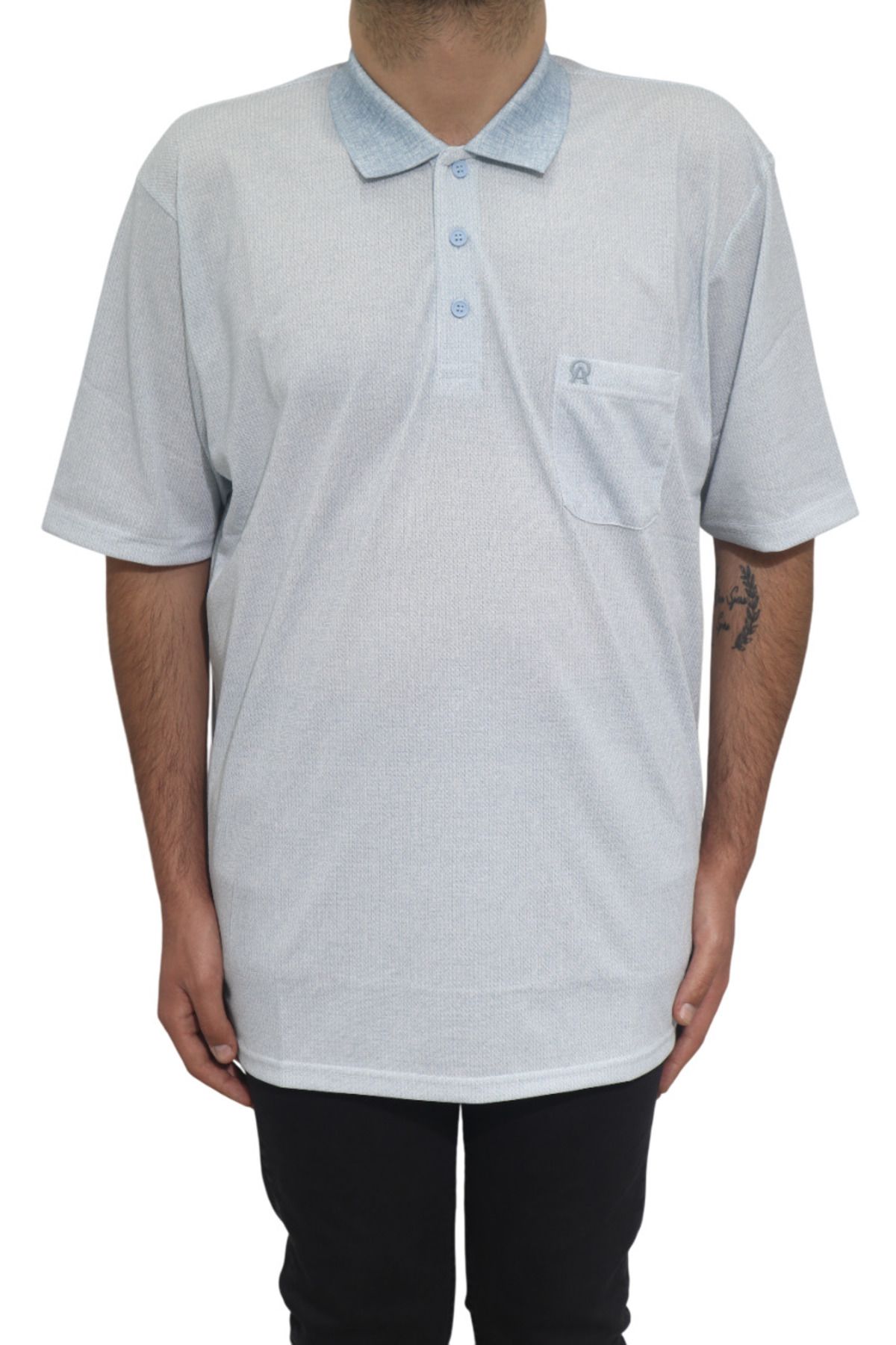 Özhürmet Triko Dmc Tekstil Erkek Mavi Desenli Klasik Kesim Rahat Kalıp Tek Cepli Polo Yaka Battal T-Shirt