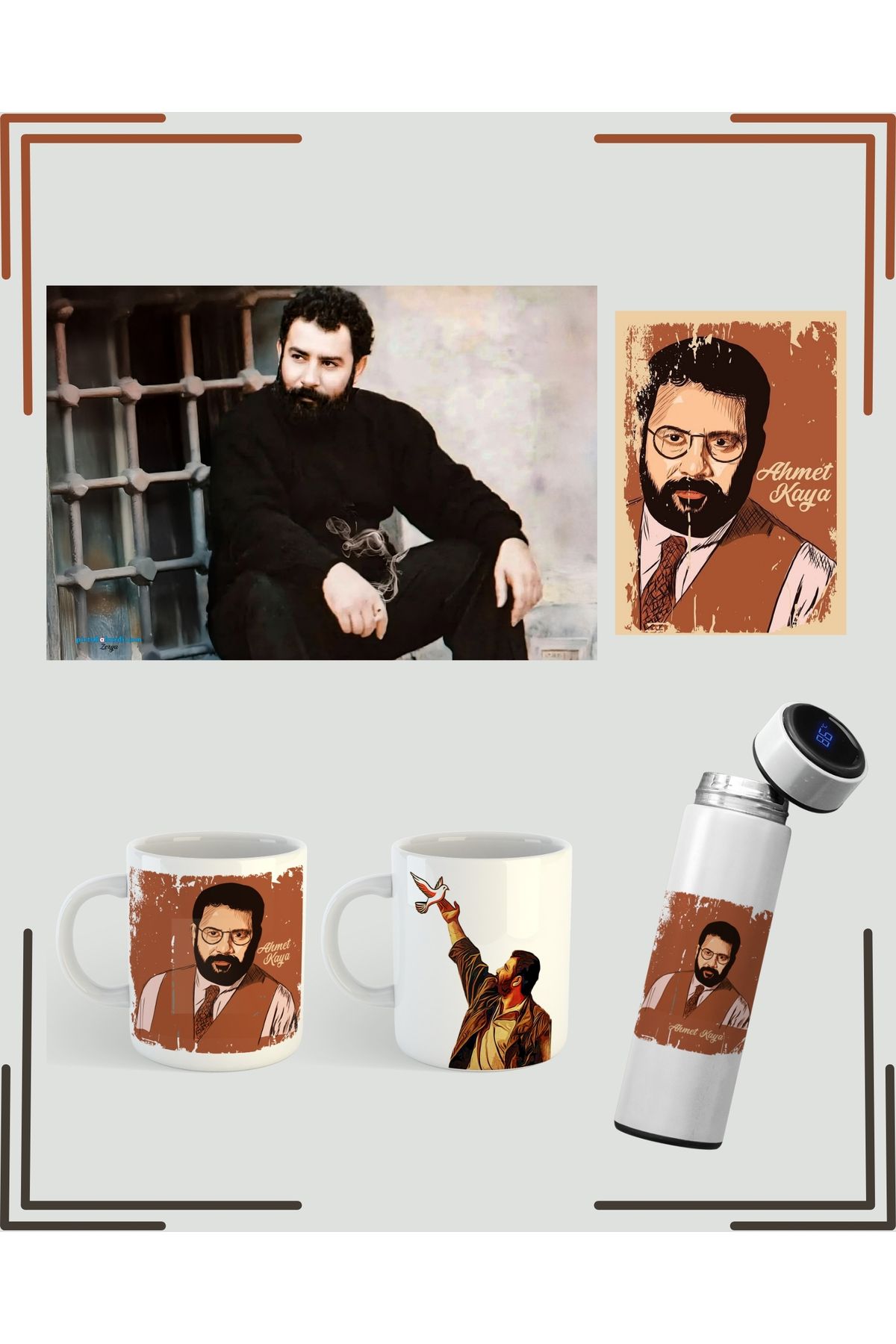 ZERYA Ahmet Kaya Resimli Kupa Poster ve Termos Seti (1 TERMOS 2 KUPA 1 POSTER 1 DEFTER)