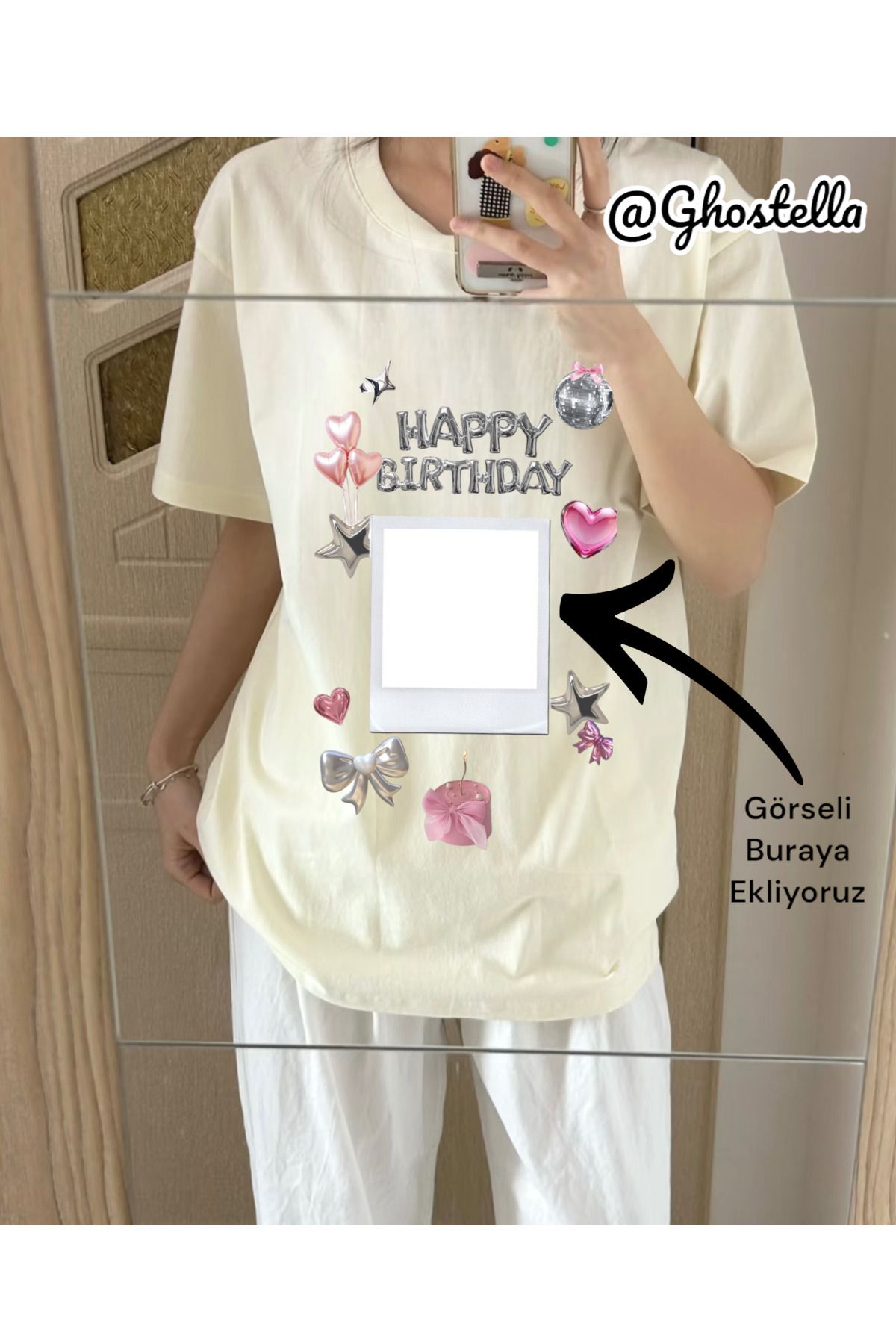 Minga London Bej Happy Birthday Kişiye Özel Baskılı Oversize Unisex Tshirt-Ghostella