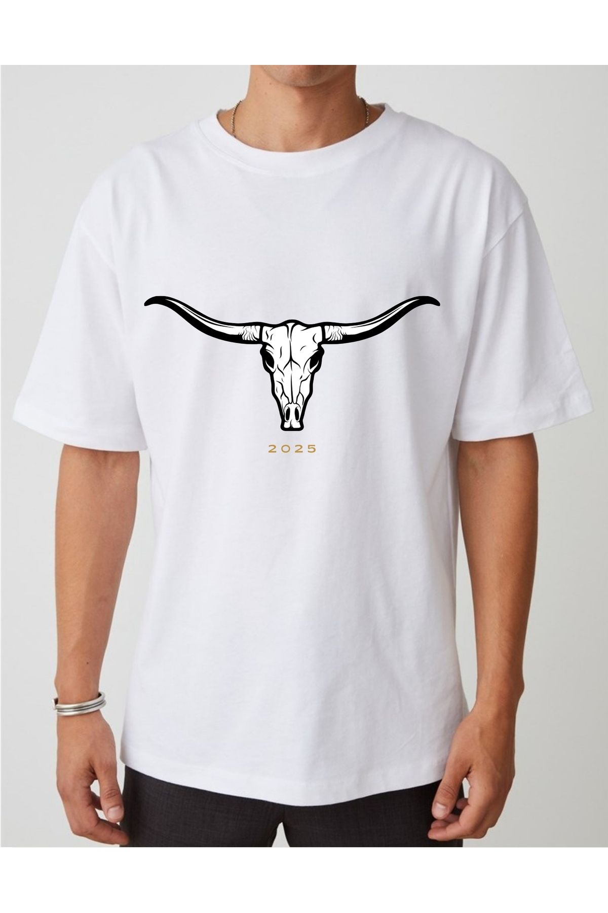 A&B STORES Sırt Baskılı Boğa Figürlü Erkek Kısa Kollu Bisiklet Yaka T-shirt