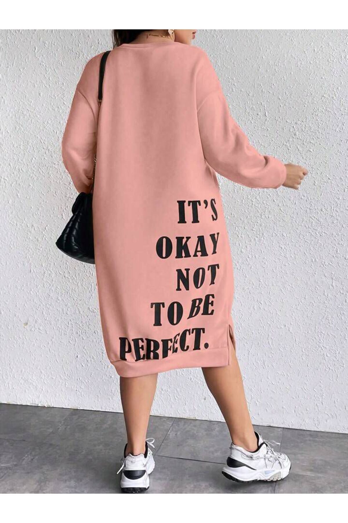 NoVibe Kadın Its Okay Baskılı Sweatshirt Elbise / Tunik