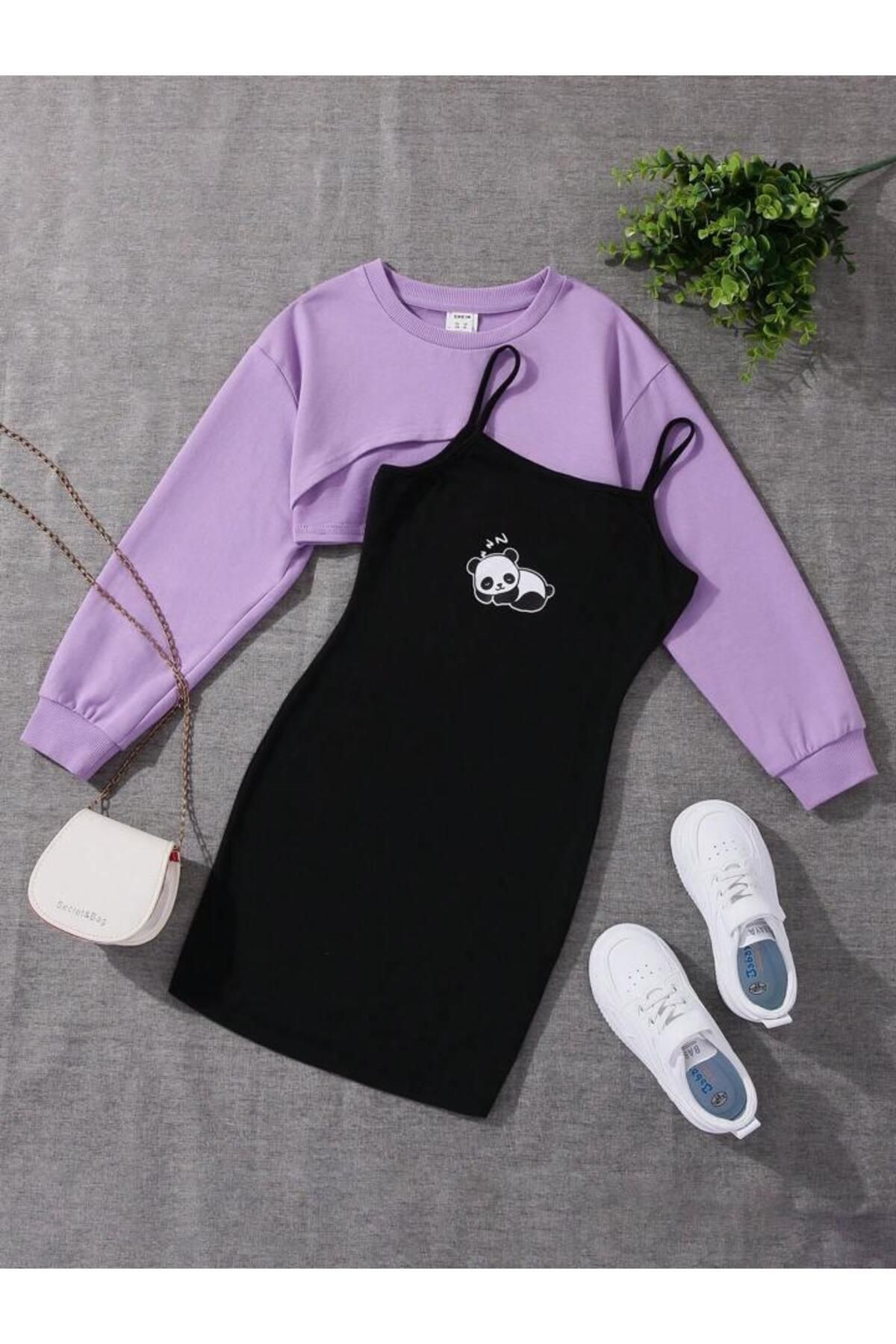 NoVibe Çocuk Panda Baskı Elbise & Crop Sweat Kombin