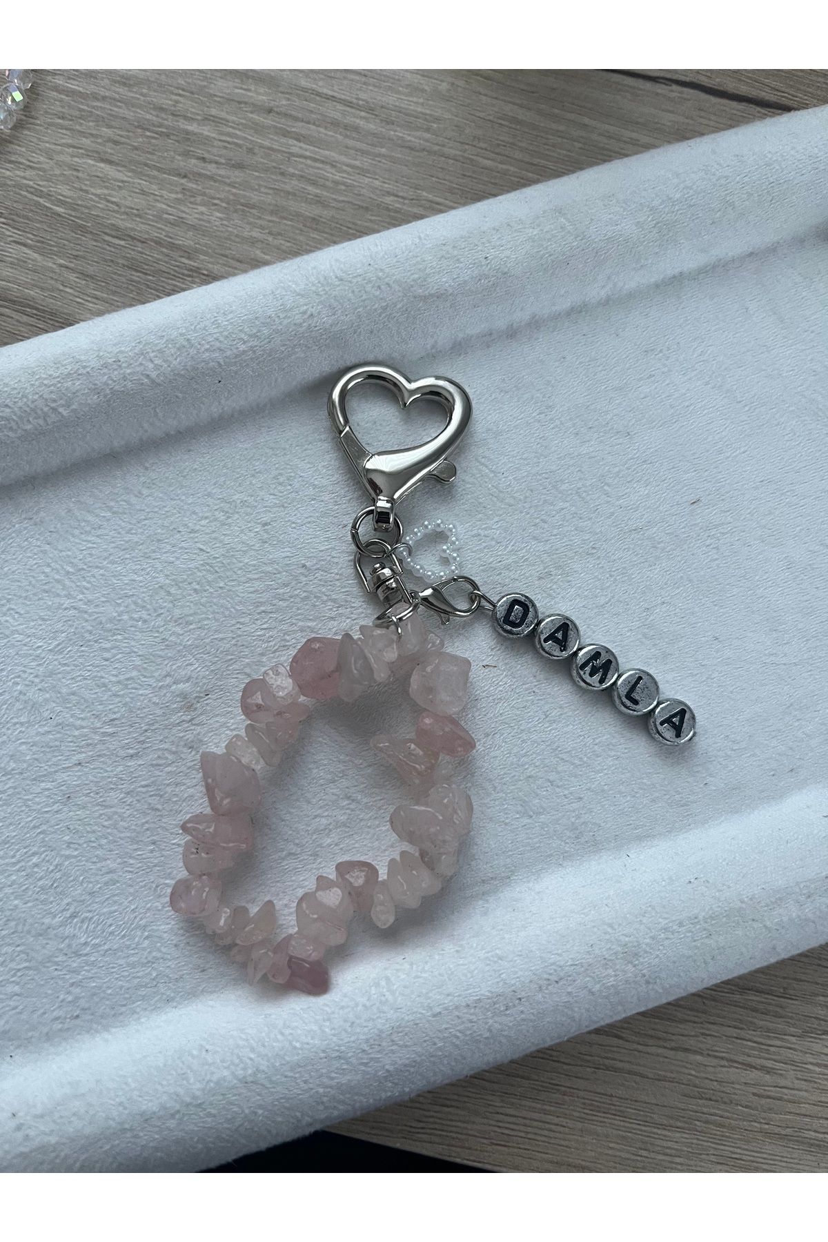 Pel Design İsimli Doğal Taşlı Kalp Charm Anahtarlık