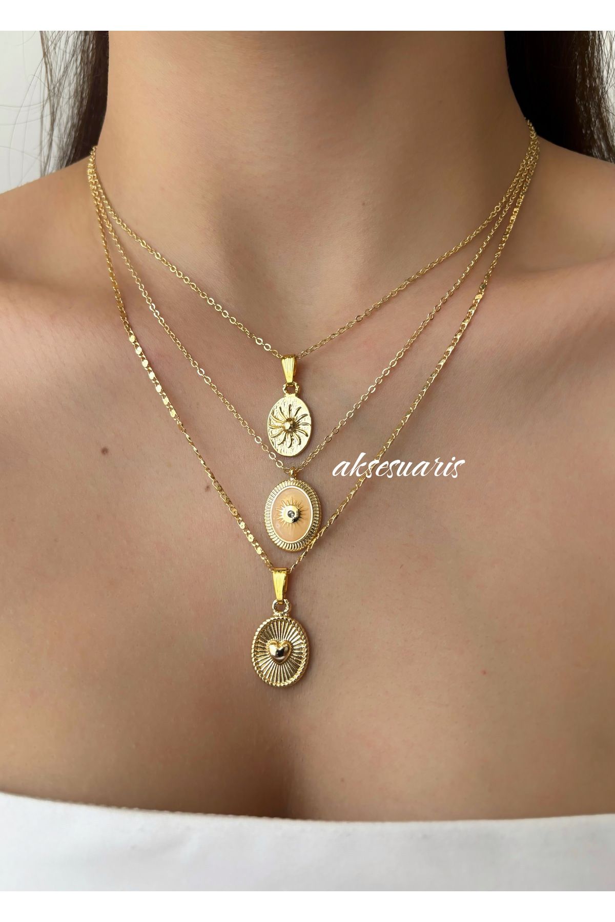 aksesuaris 3'lü Mineli Kalp Pole Star Detay Gold Kadın Kolye Kombin Set