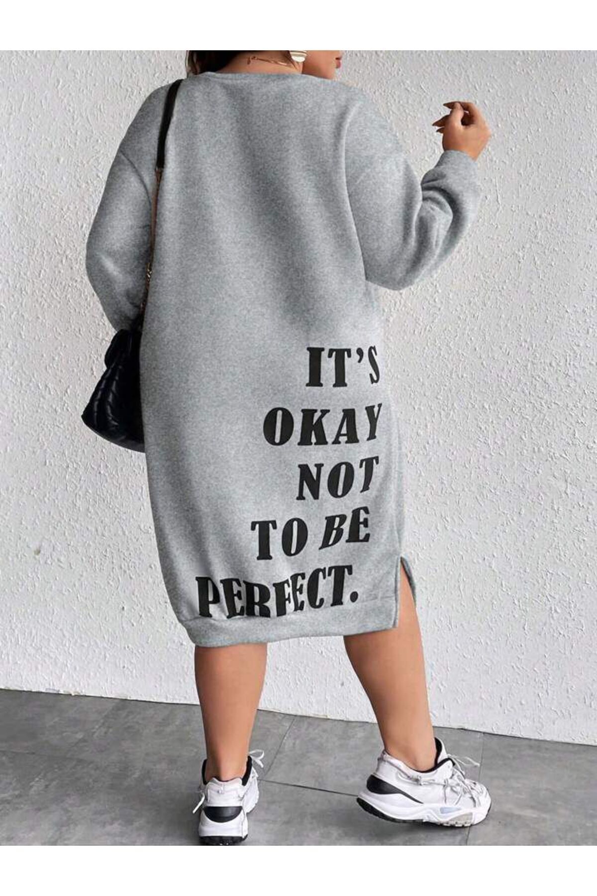 NoVibe Kadın Its Okay Baskılı Sweatshirt Elbise / Tunik