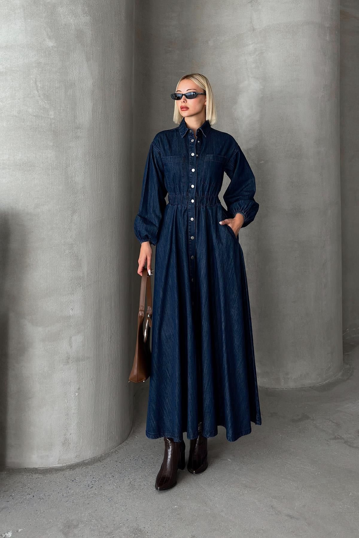 stil hatun butik %100 pamuk beli büzgülü kot tesettür elbise, uzun çıtçıtlı denim elbise, uzun kot elbise