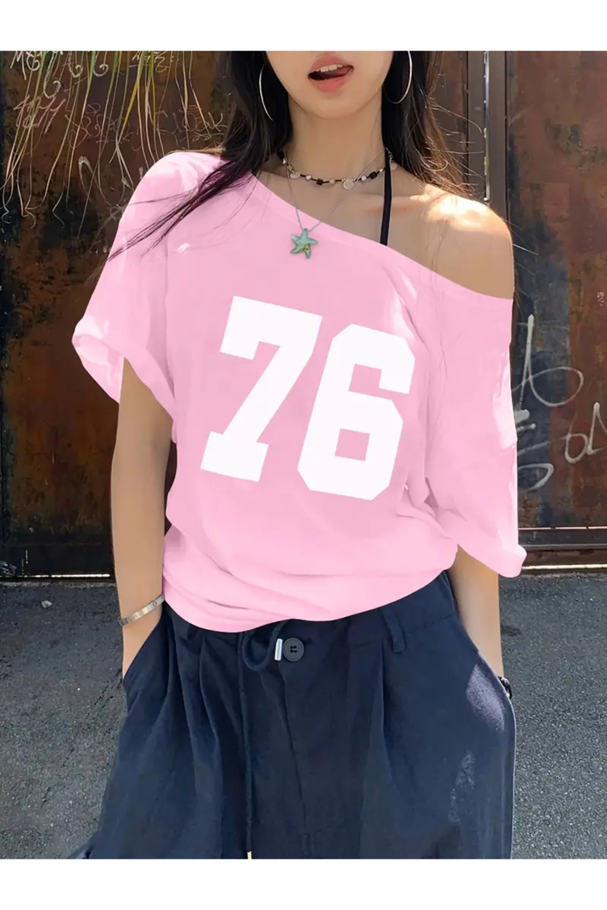 トップス amam AMMA Kayık Yaka 76 Baskılı Oversize %100 Pamuk T-shirt - Fiyatı