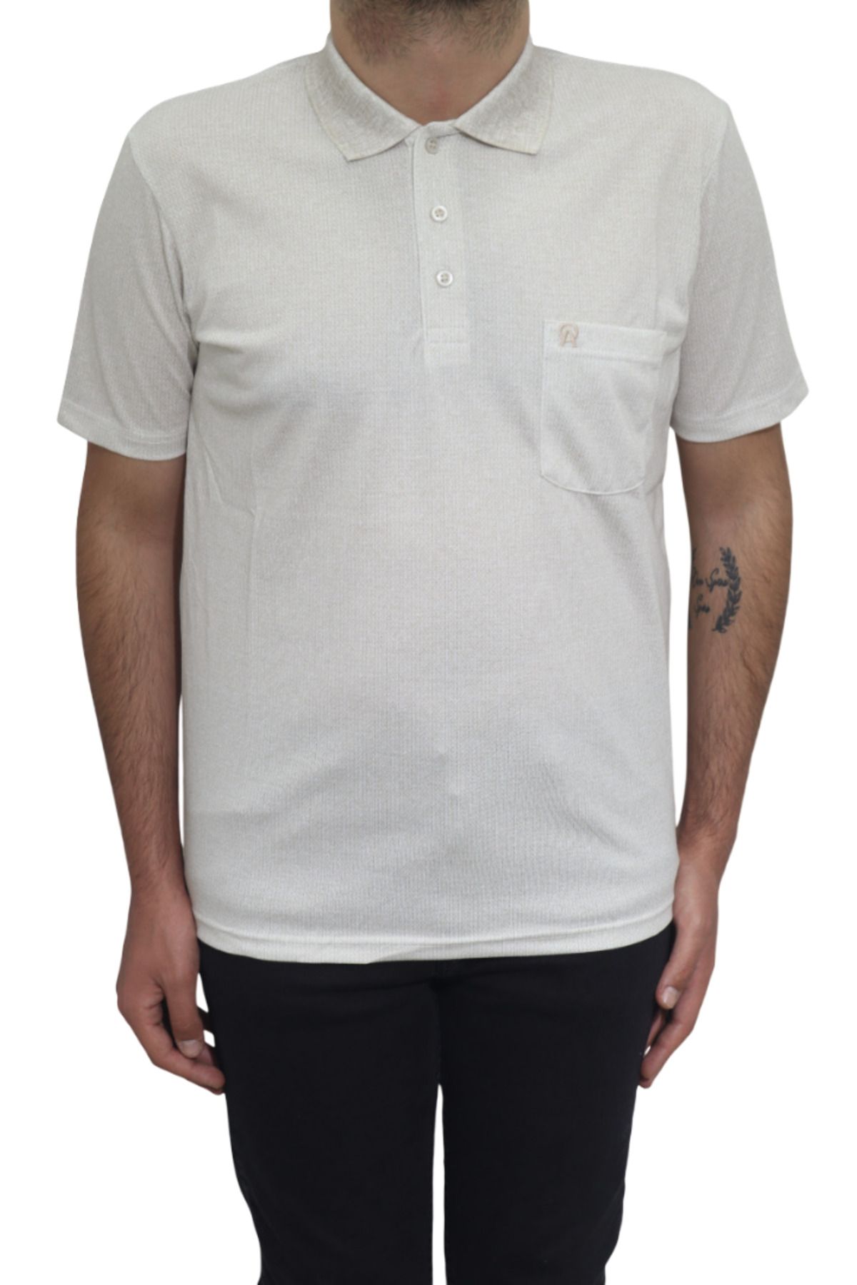 Özhürmet Triko Dmc Tekstil Erkek Bej Desenli Klasik Kesim Rahat Kalıp Tek Cepli Polo Yaka T-Shirt