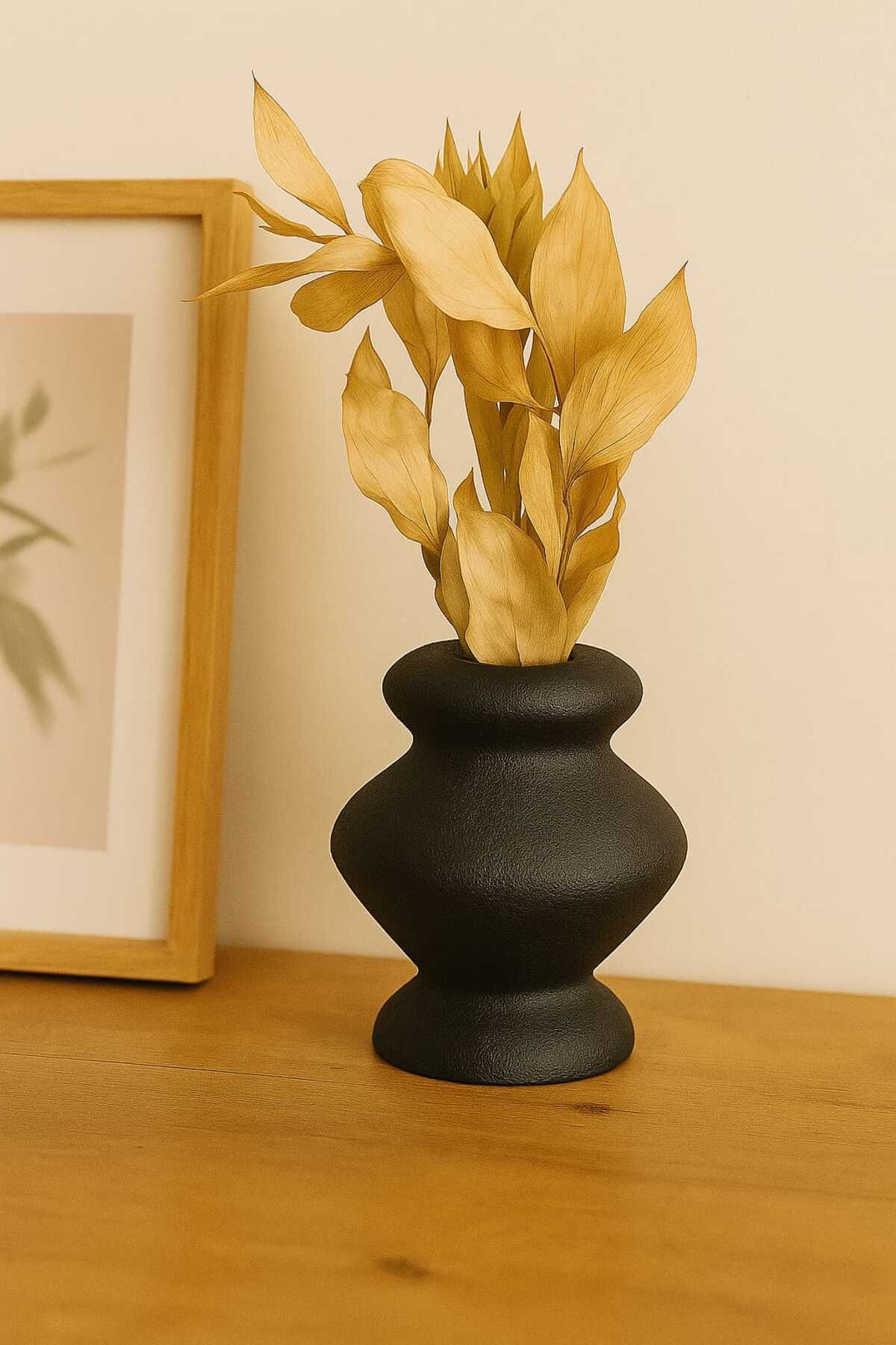 Lapida Home Decor Siyah Mat Taş Tozu Dekoratif Vazo | 15 cm Özel Form Modern Çiçeklik