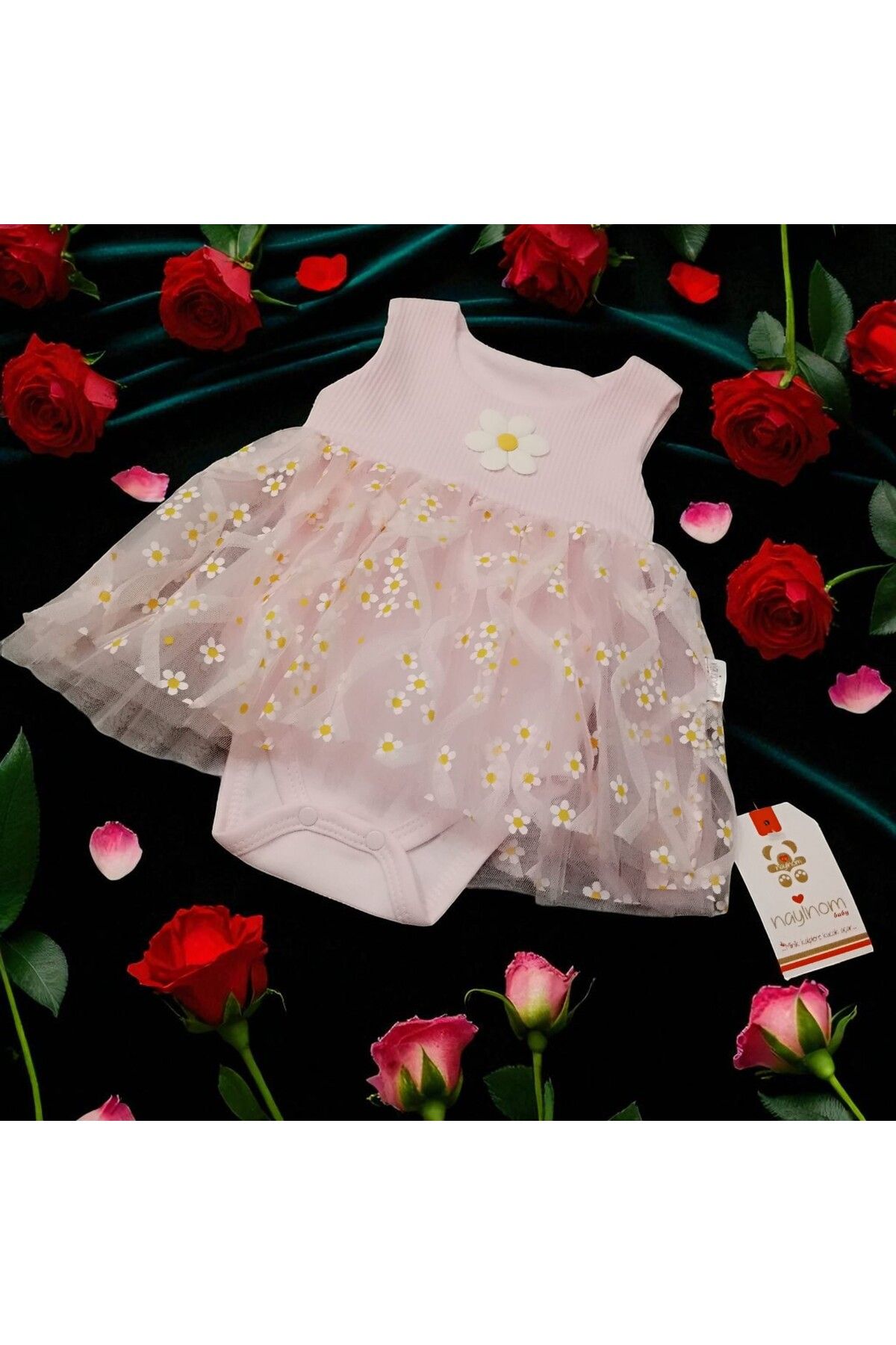 Bublykids Pembe Kendinden Zıbınlı Papatya Tüllü Bebek Elbise Papatya tüllü Şık Elbise Askılı Bebek Elbise