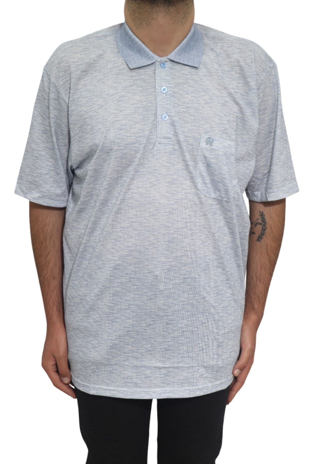 Özhürmet Triko Dmc Tekstil Erkek Koyu Mavi Desenli Klasik Kesim Rahat Kalıp Tek Cepli Polo Yaka Battal T-Shirt